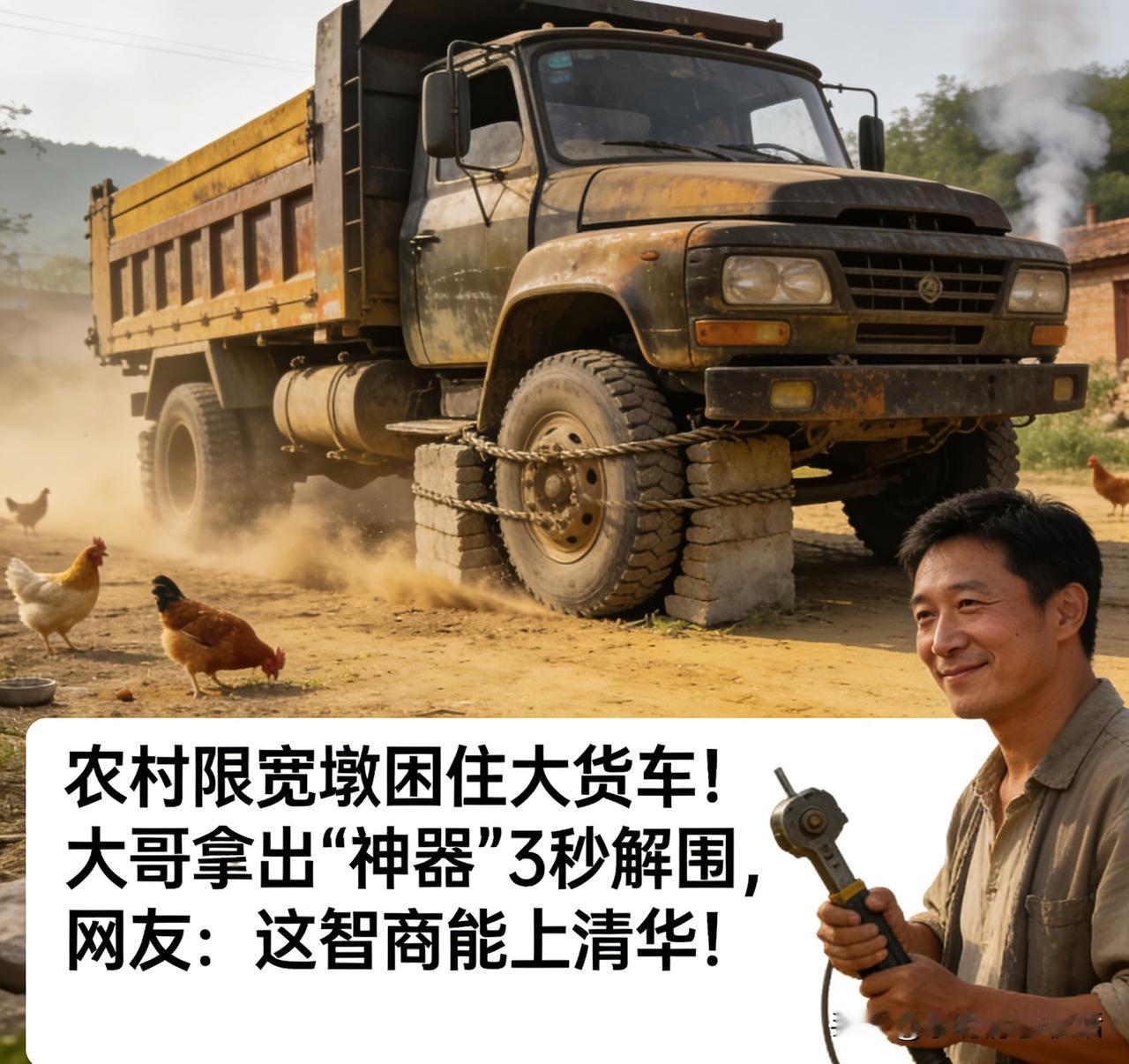 农村限宽墩困住大货车！大哥拿出“神器”3秒解围，网友：这智商能上清华！