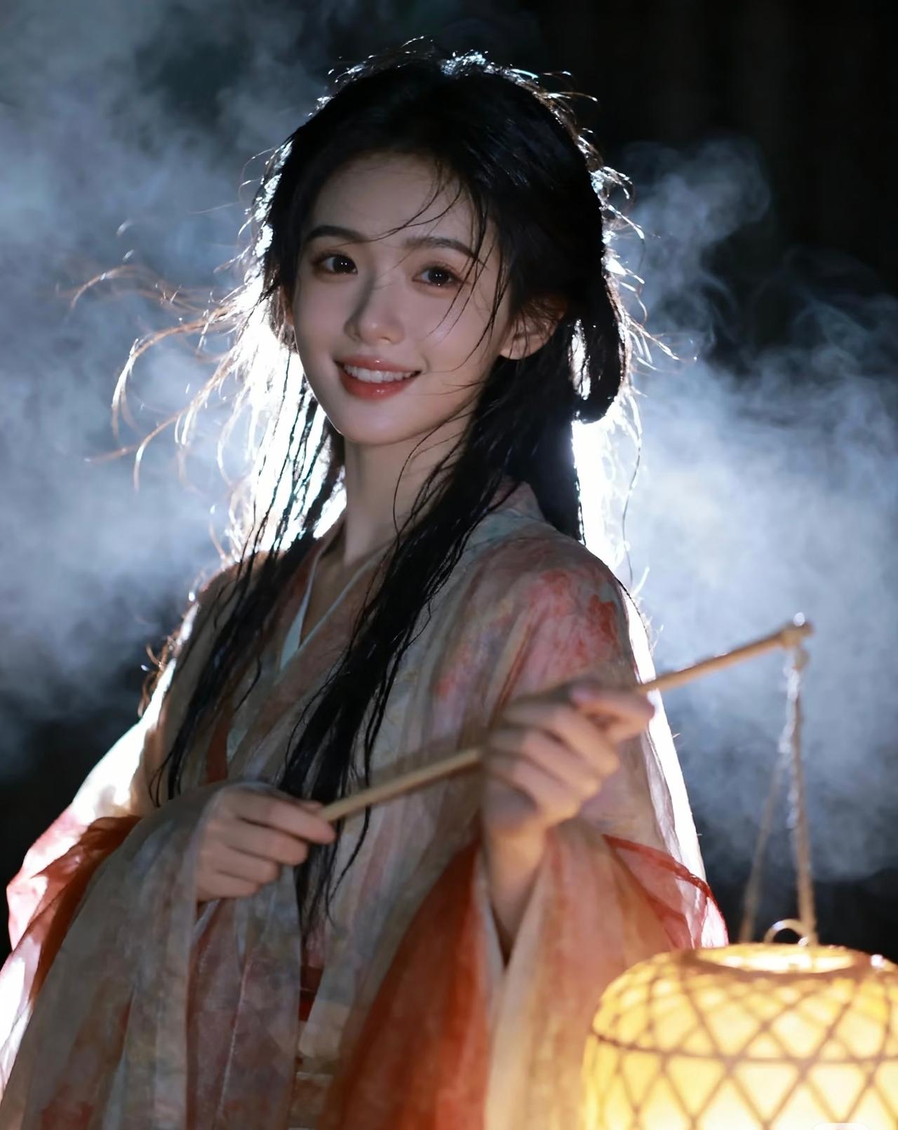 光之影梦幻古风少女，手持灯笼，微笑如画