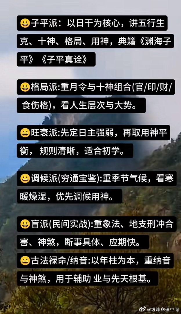 子平派：以日干为核心，讲五行生克、十神、格局、用神，典籍《渊海子平》《子平真诠》