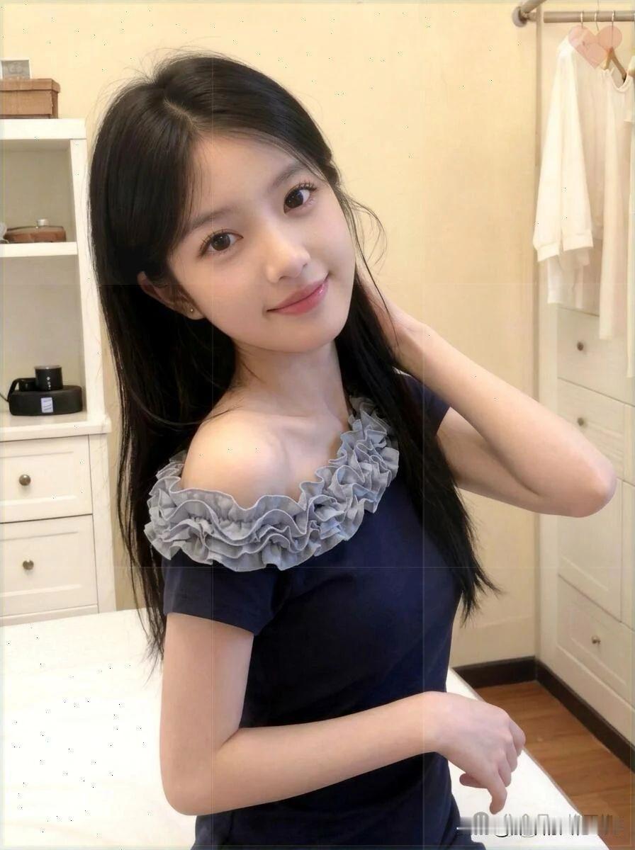 甜美少女风，蓝色荷叶边短袖，元气满满的一天！🌸💕