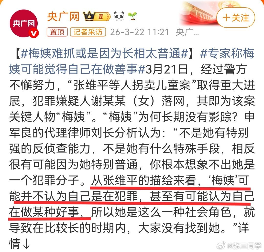 专家称梅姨可能觉得自己在做善事阅读全文，没有出现任何专家，是我理解出问题了吗？文