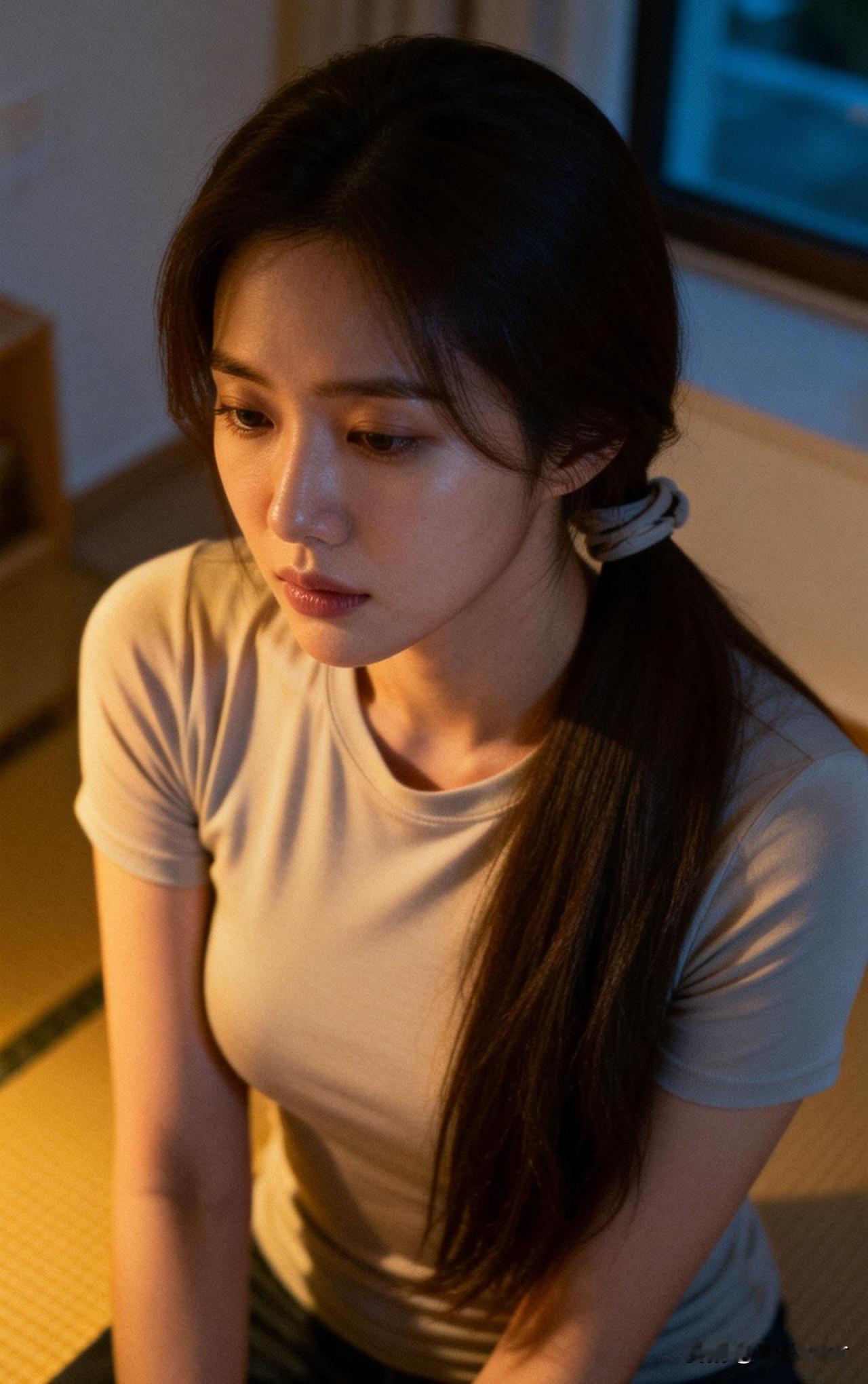 沉思的少女，夜晚的静谧，思绪万千