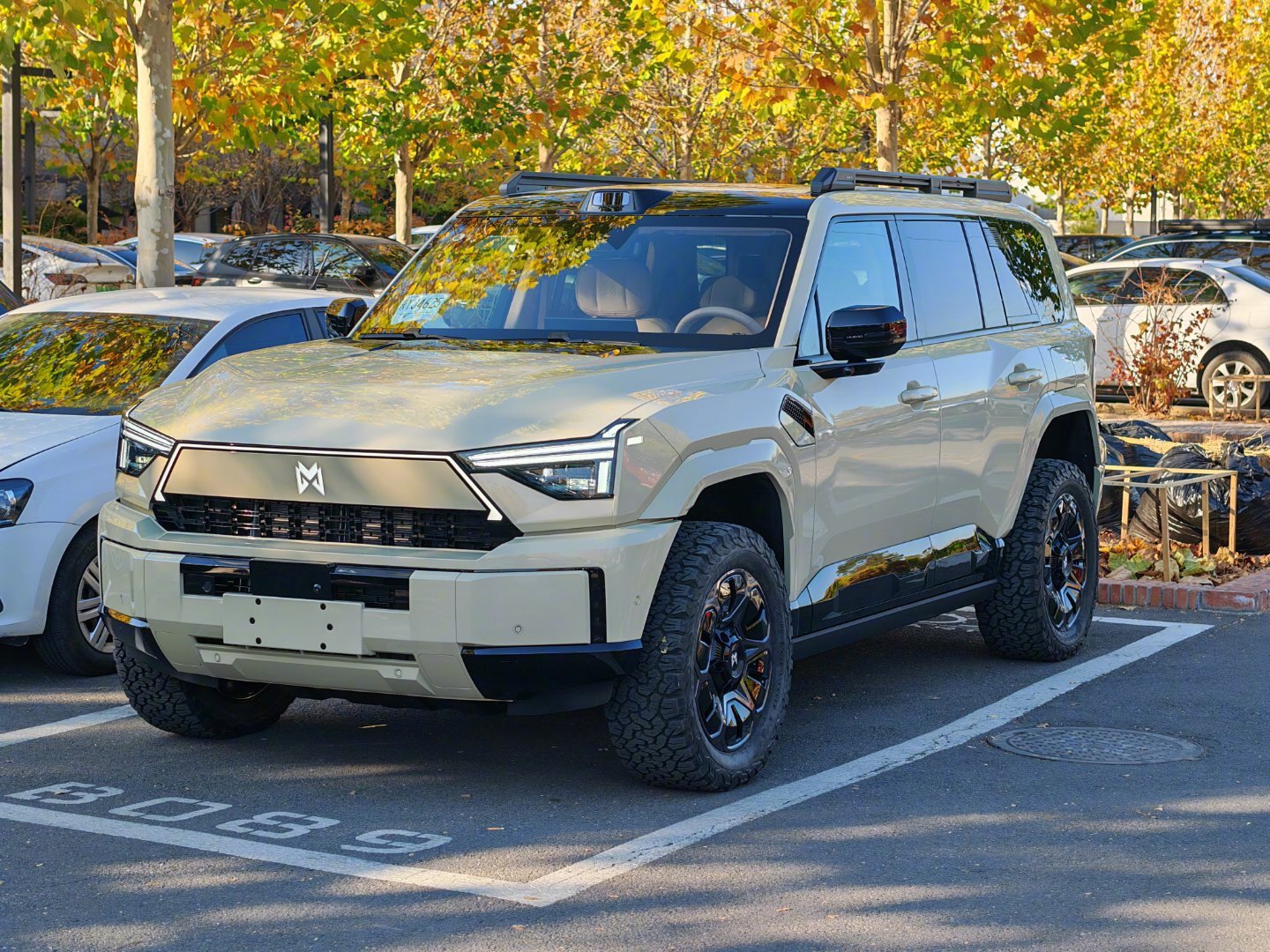 我的淡黄色猛士M817，把轮圈喷亮枪灰色+换了越野胎，原厂黑银双拼变枪灰色感觉整