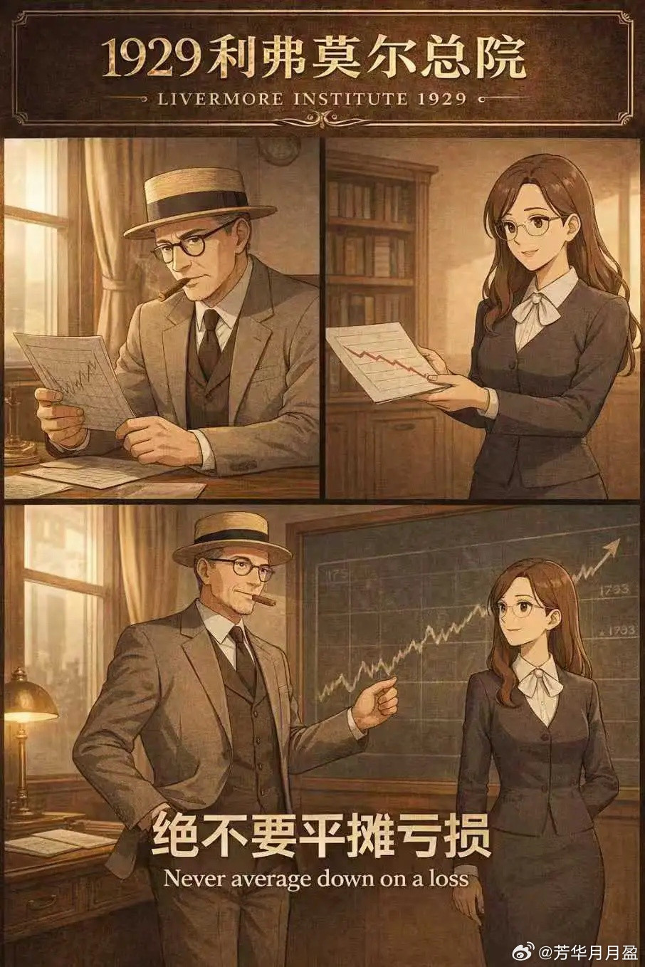 利弗莫尔忠告：绝不要平摊亏损。多数人把交易当赌博，看到亏损就心慌，试图通过补仓来