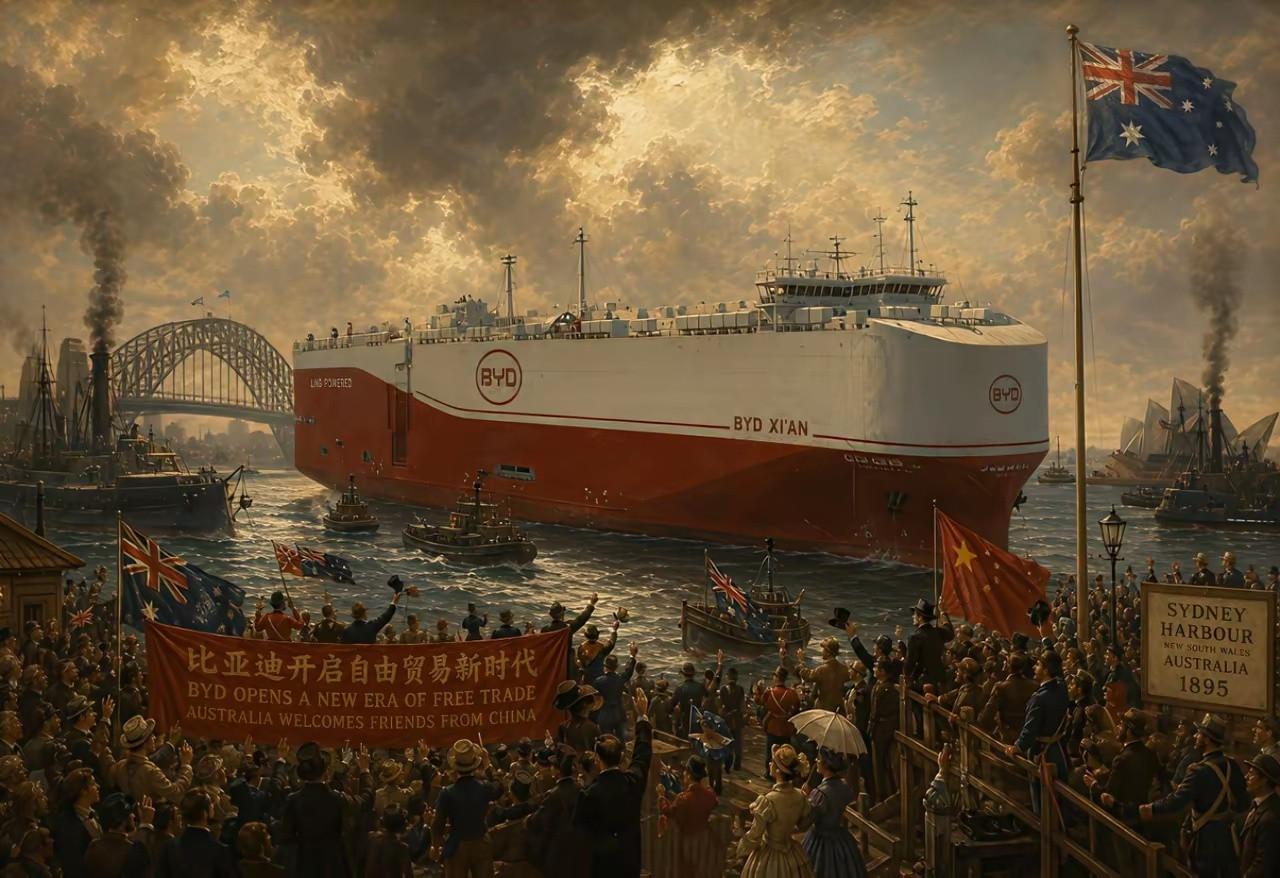 比亚迪滚装轮第一次到澳洲，网友居然整出来了历史大事级别的油画科技