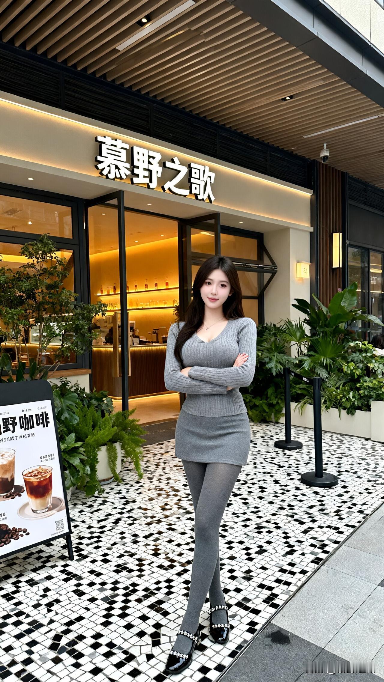 修身灰衣包臀裙，利落剪裁妙身姿咖啡店门前的时尚邂逅，灰色系穿搭演绎都市优雅在