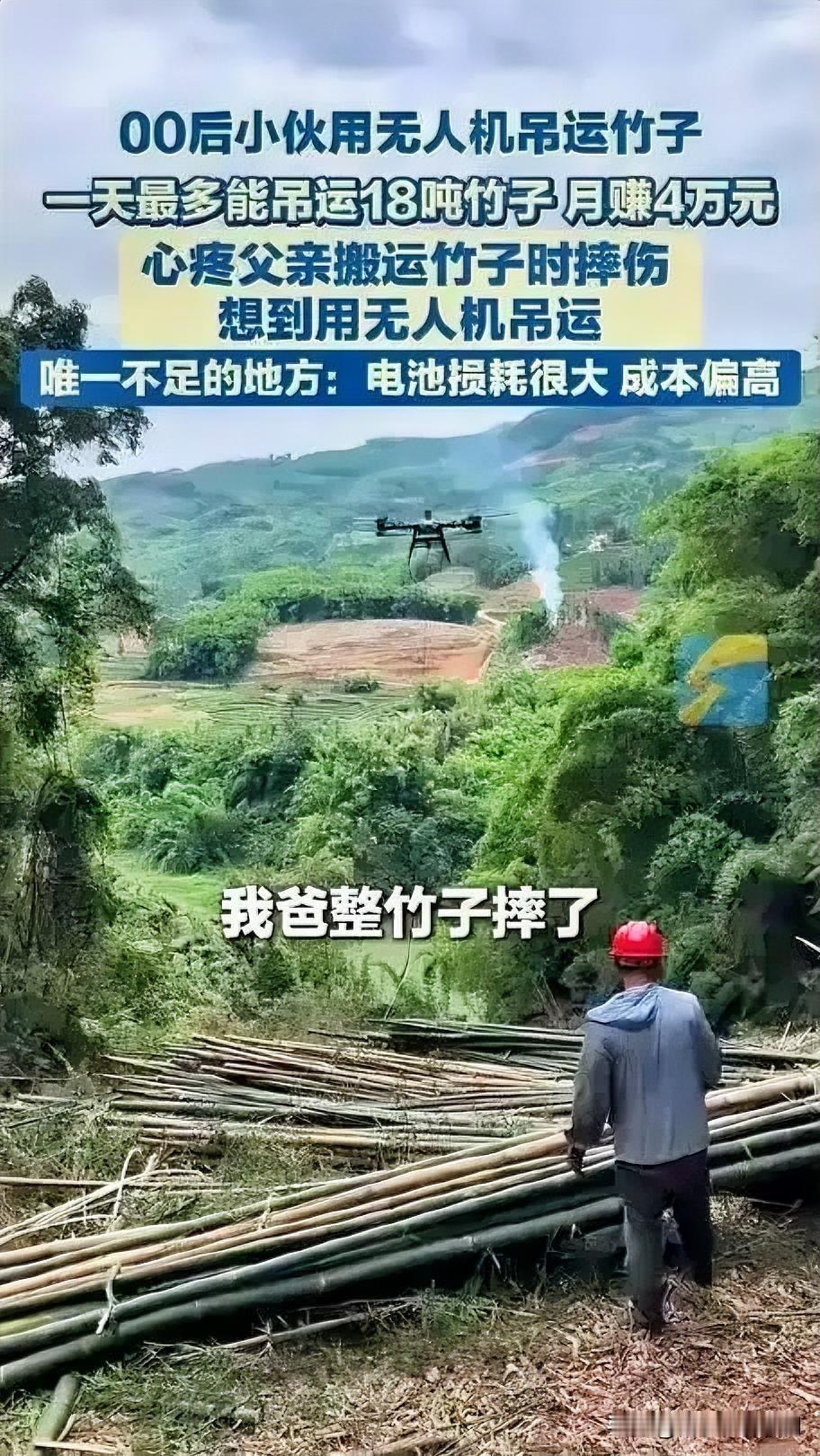 2025年11月，四川自贡00后小伙陈文建与搭档李沁林，用无人机吊运竹子月入4万