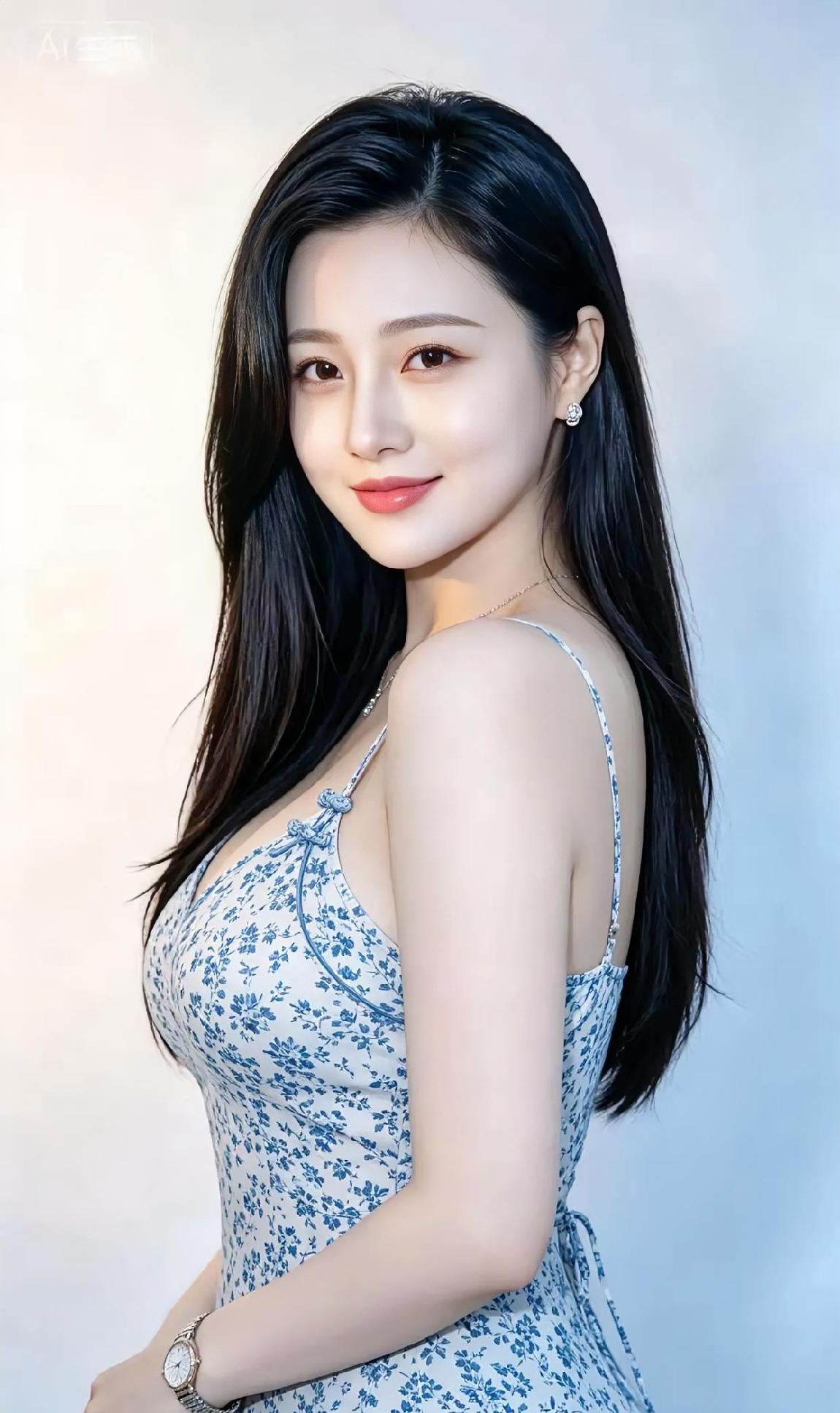 《回眸处的清风》蓝白碎花轻曳，长发如瀑垂落肩头。你回眸，笑意温柔