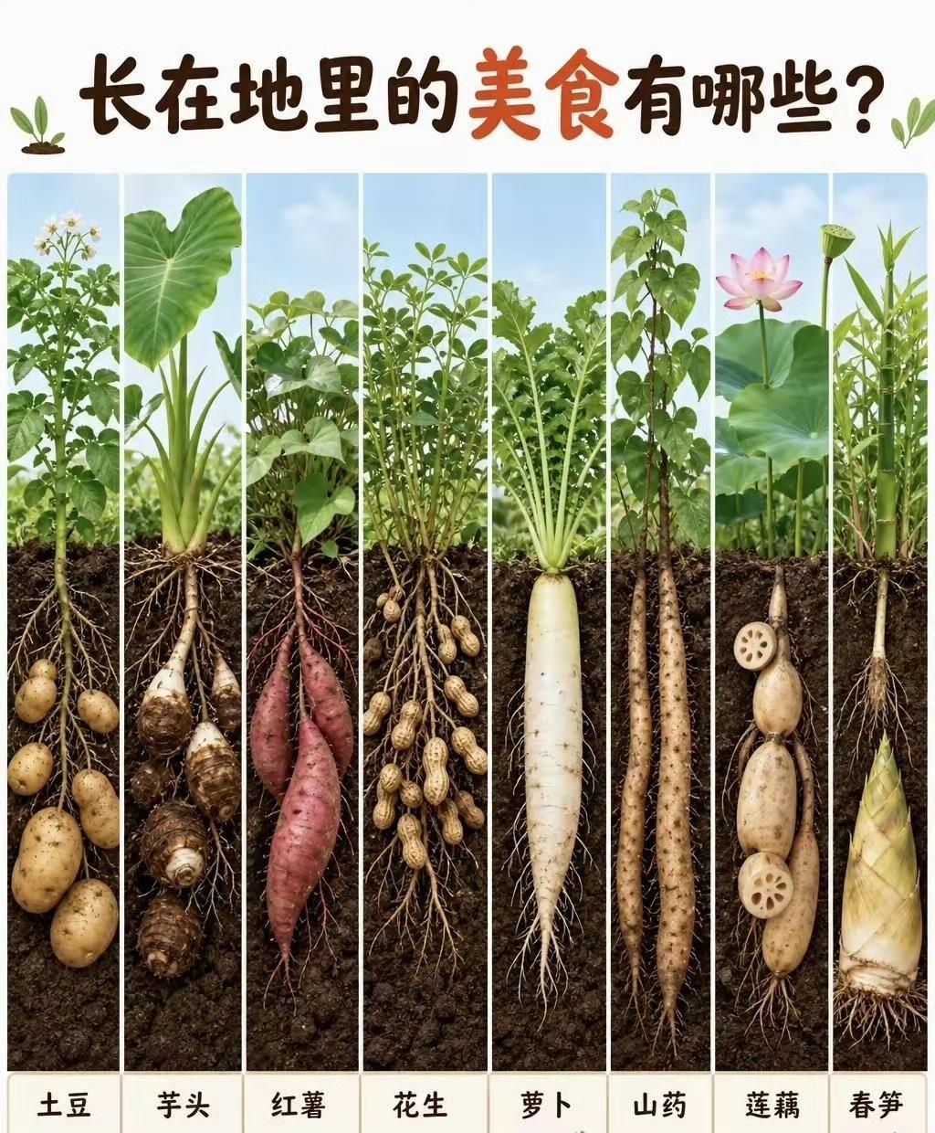 原来这些美食，都藏在泥土下面！一张图看懂长在土里的美味🥔土豆、芋头、红薯、