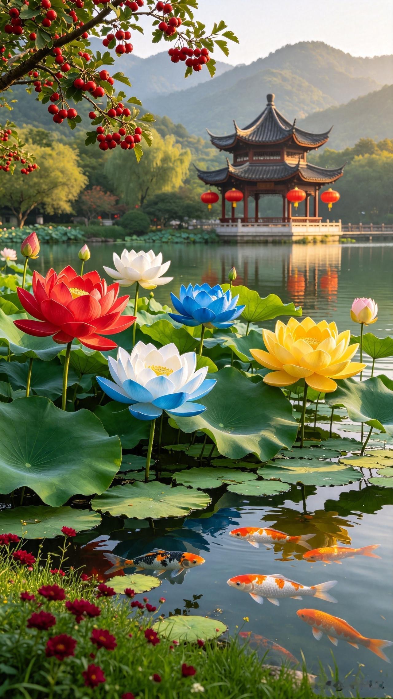 八月，晨起观美景，福气满门庭，愿这池中的锦鲤为你带来滚滚财源，愿这盛开的荷花为你