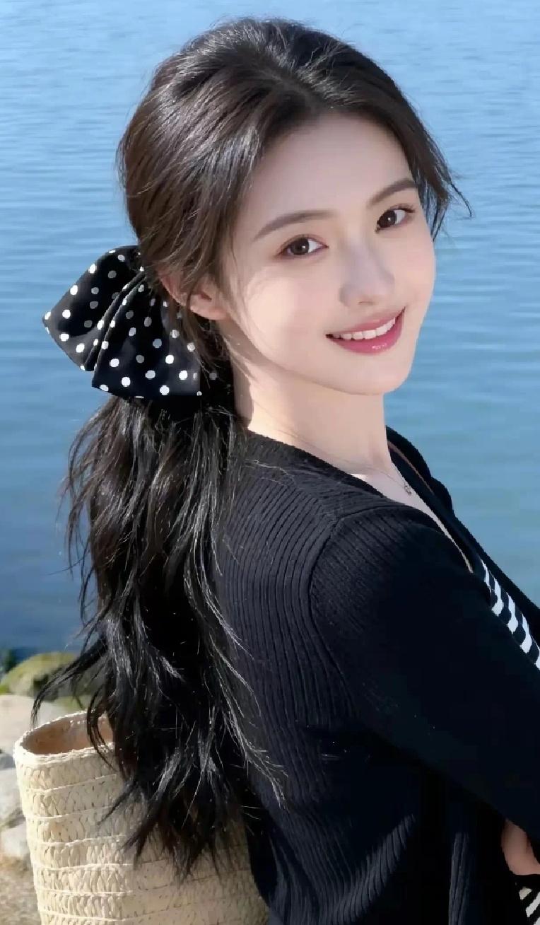 海边有位少女，笑容似阳光般灿烂，乌黑的秀发与波点蝴蝶结相互映衬，饶有韵味。她静静