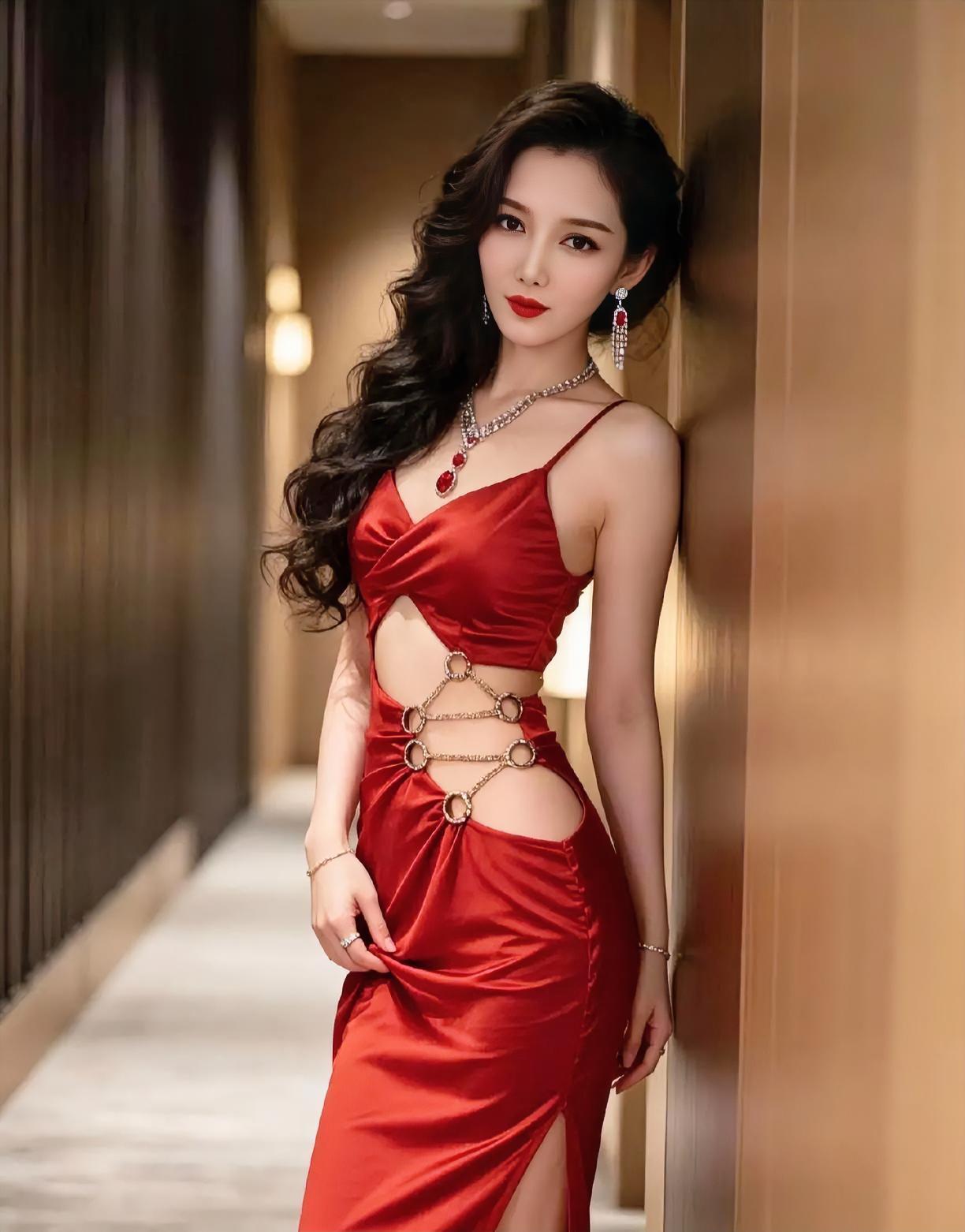 暖光流淌，走廊幽长。一袭红缎长裙，摇曳生姿，惊艳时光。卷发微垂，