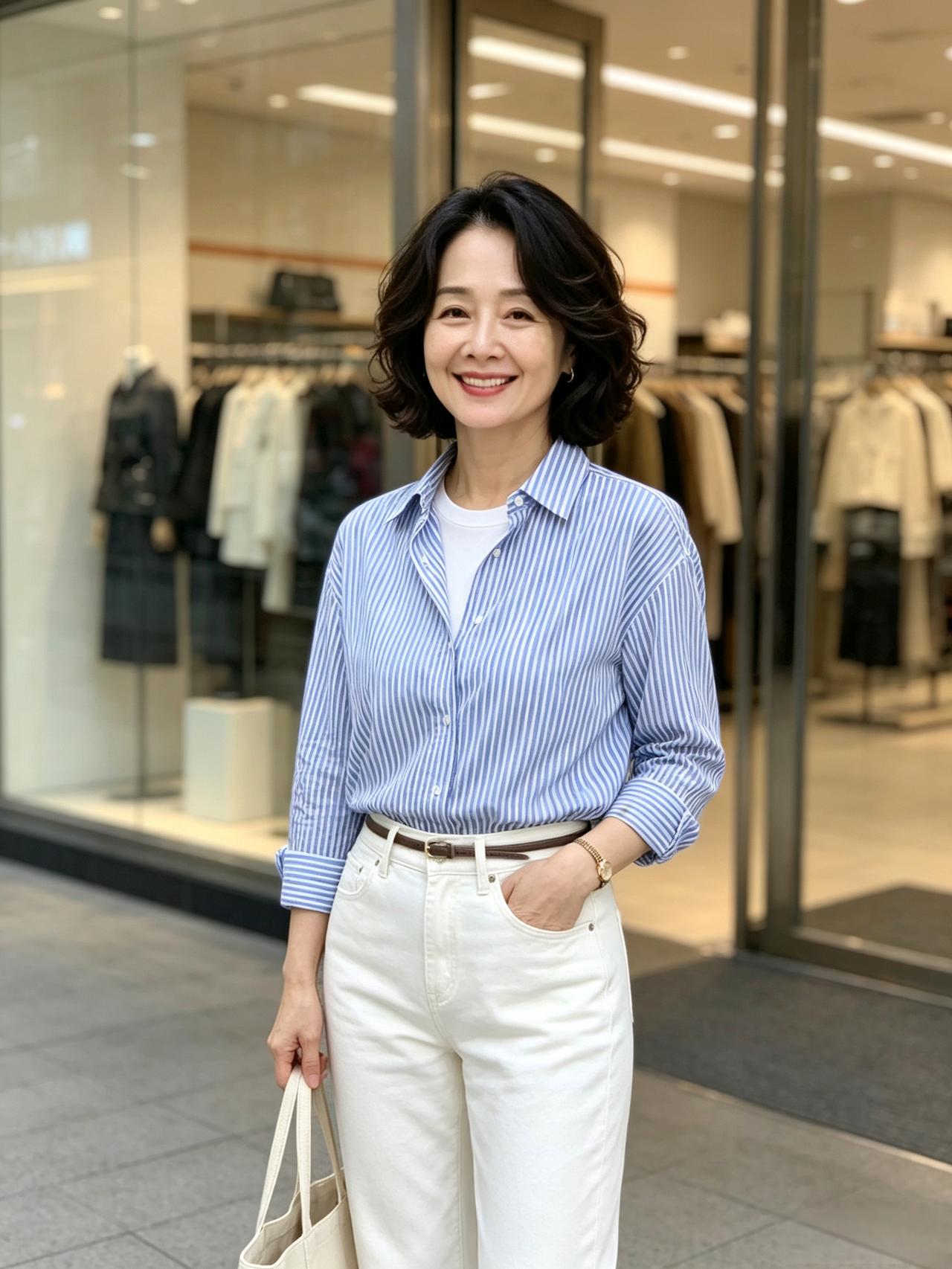 入秋这条白牛仔裤，50+姐姐这么搭，耐看还藏肉不少姐妹衣柜里都压着白牛仔裤