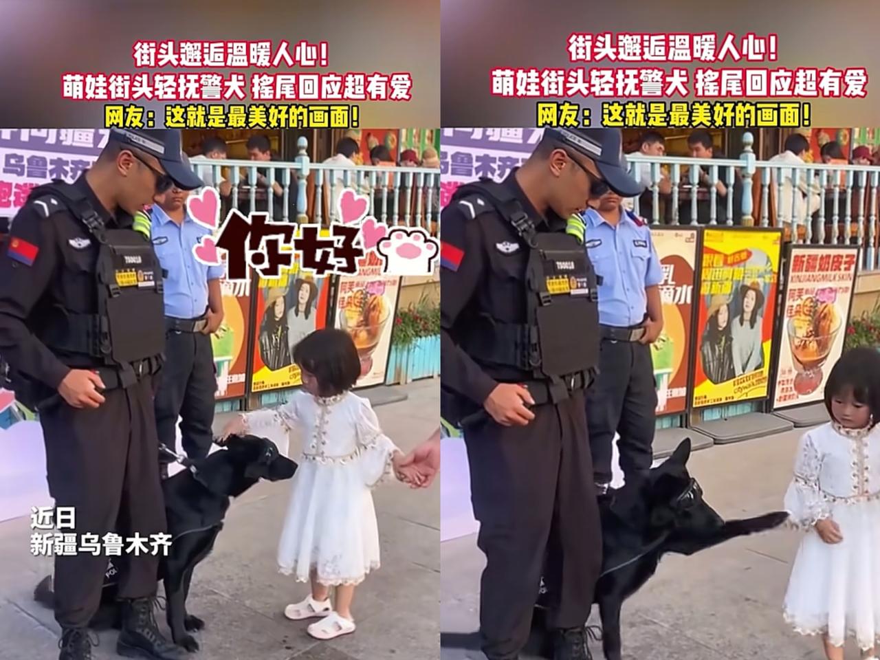 “彻底解释不清楚了”新疆，帽子叔叔带着警犬执勤，一小女孩路过，不禁停下脚步