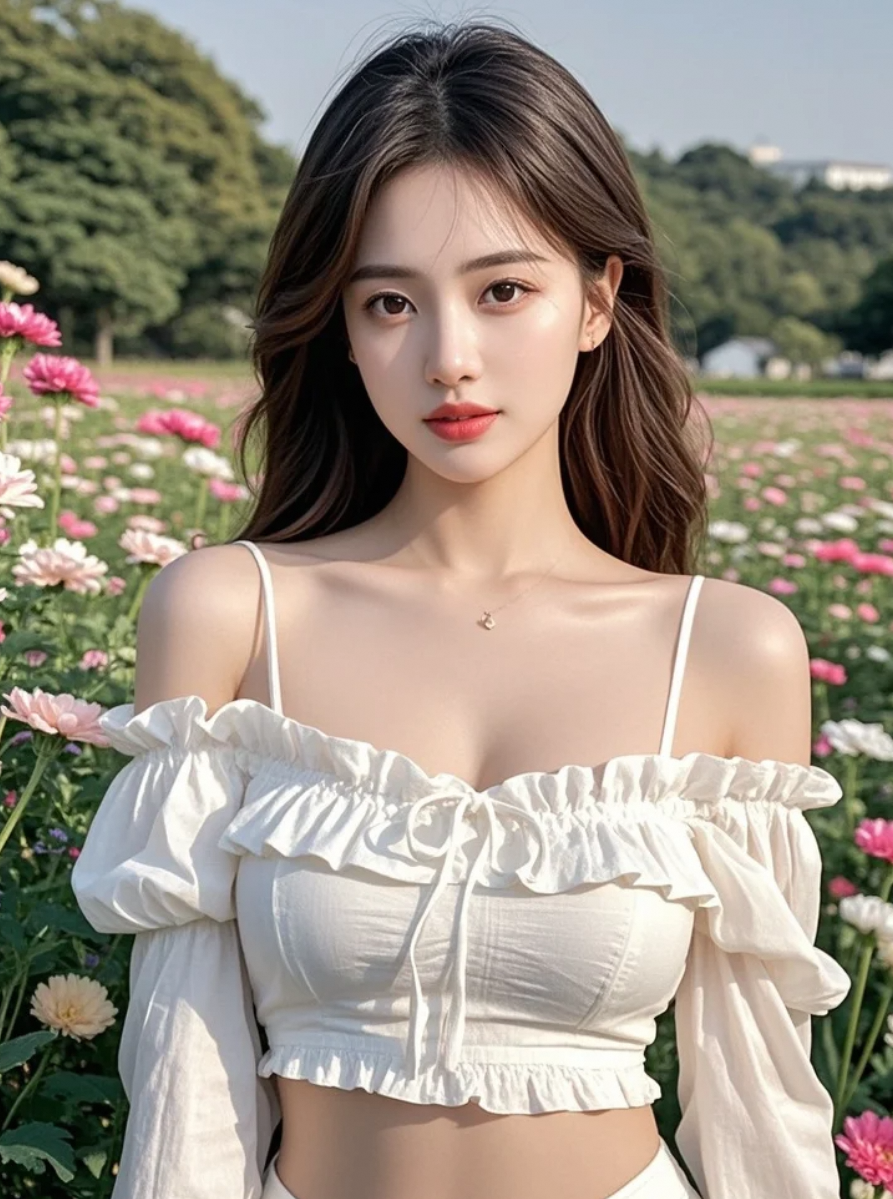 她穿着白裙走进花海，瞬间美成壁纸