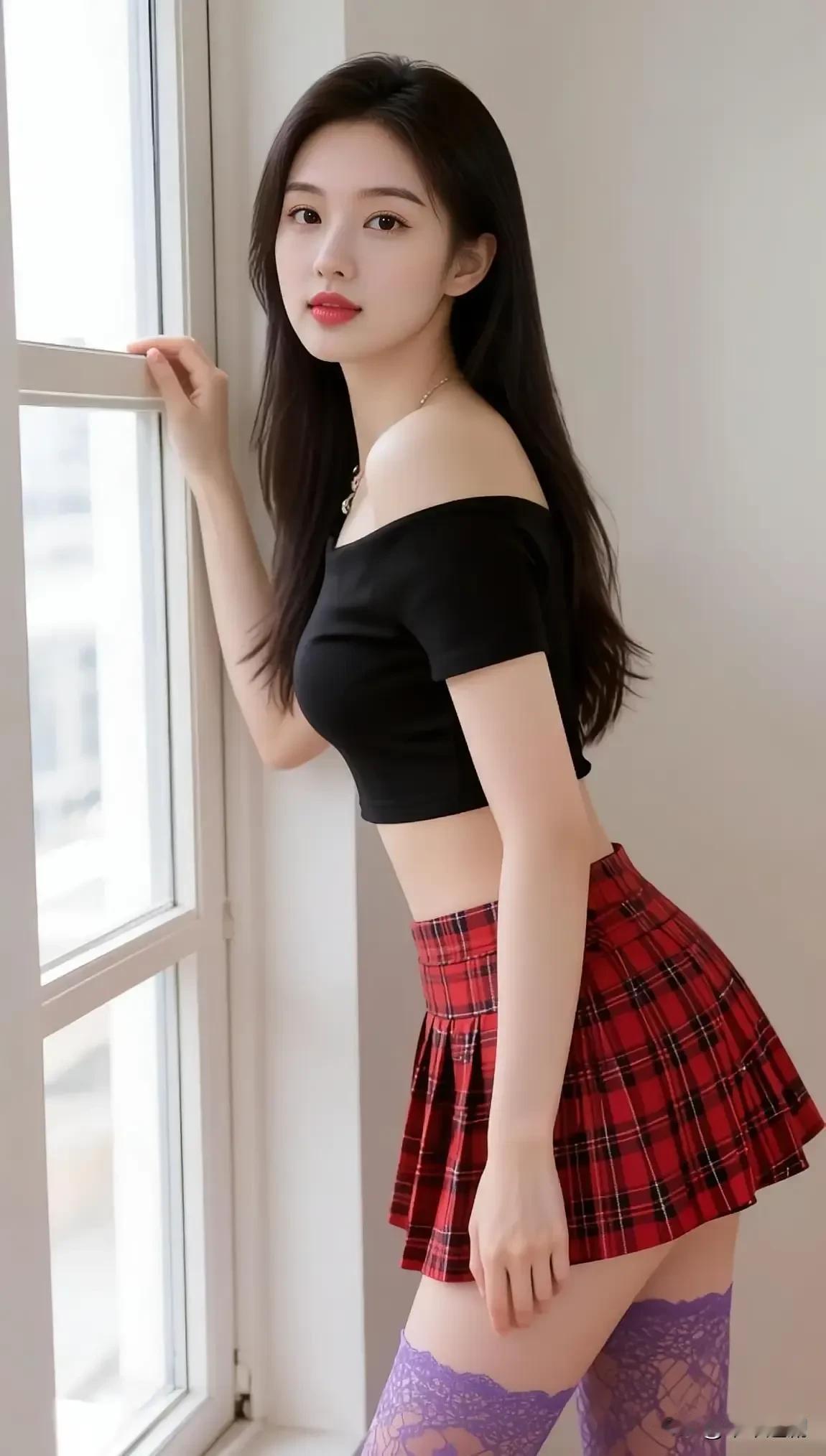 窗边的风裹着浅淡的光，裙摆随呼吸轻晃。黑衫露肩勾出松弛的软，紫蕾丝漫过膝弯，把日