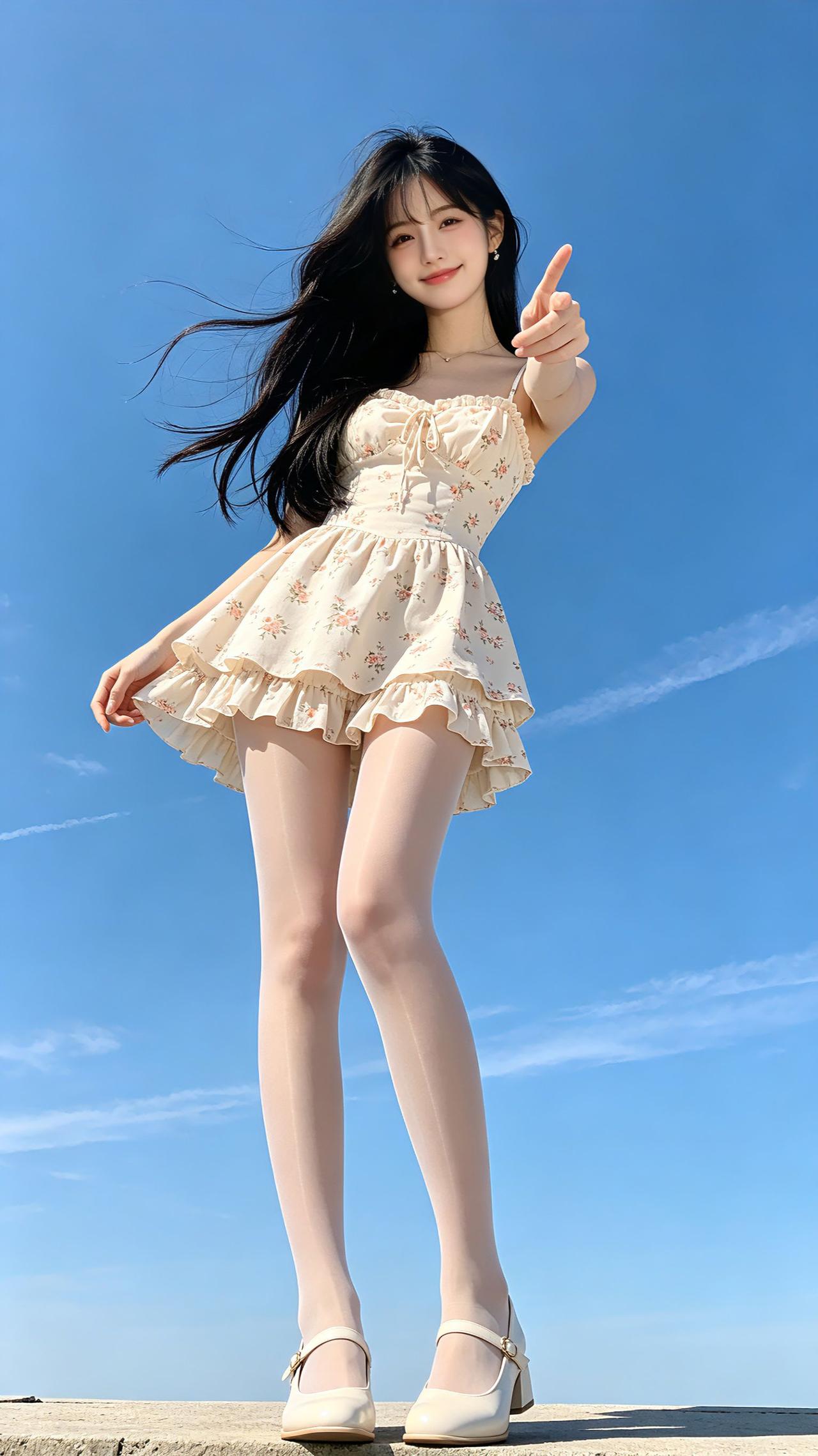  蓝天里的“碎花甜软公主”碎花吊带裙裹着甜软仙气，荷叶边细节添了公主俏感～透肤袜