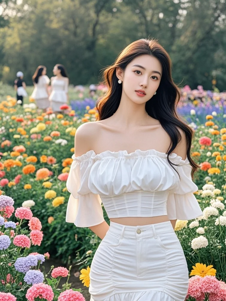 在花海里，美女的清新颜值与缤纷花朵，绘就一幅绝美画卷！