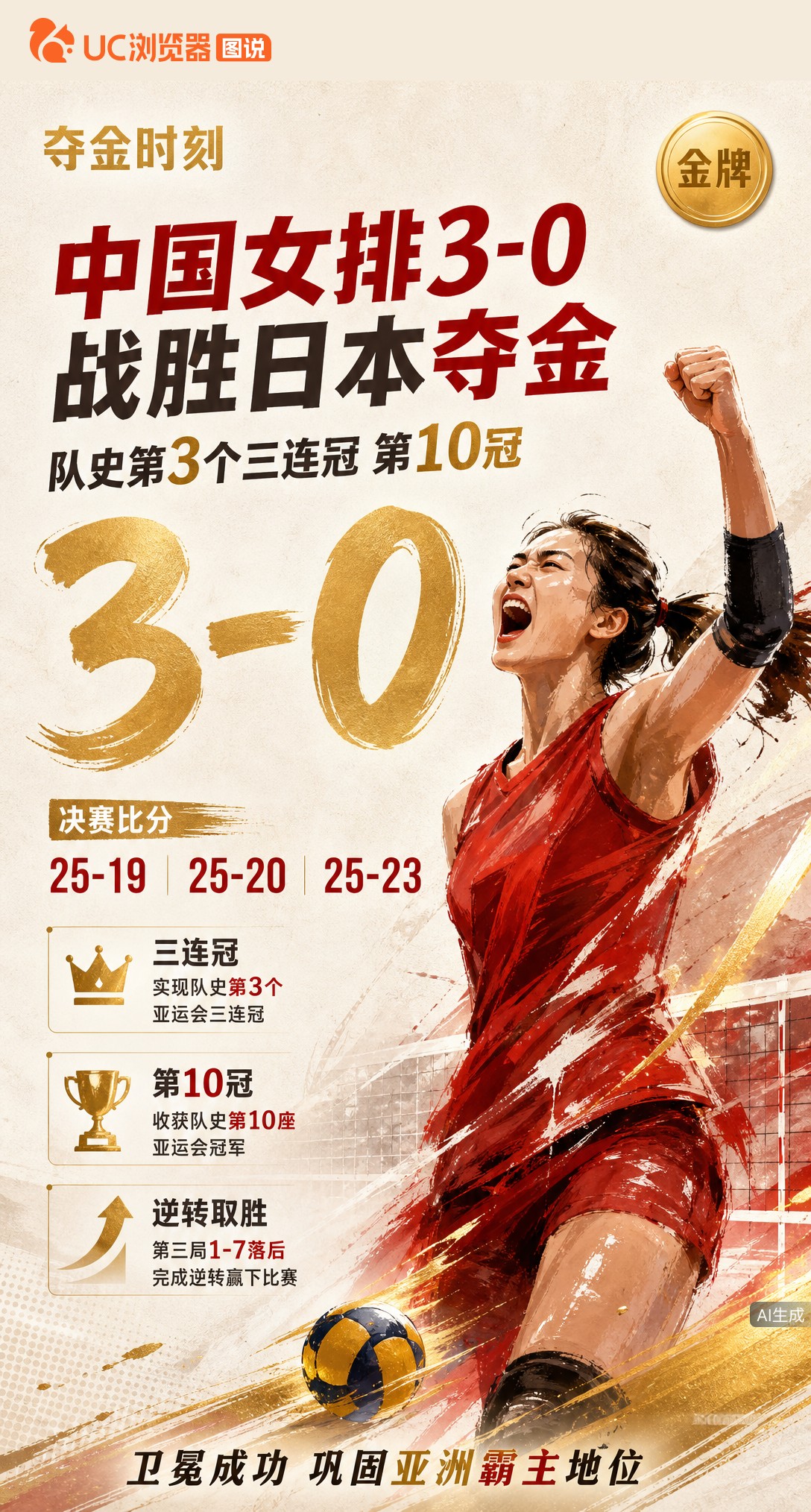 3-0横扫日本！中国女排夺亚运第10冠，达成队史第三次三连冠。第三局1-7落后上演逆转，这枚金牌赢得