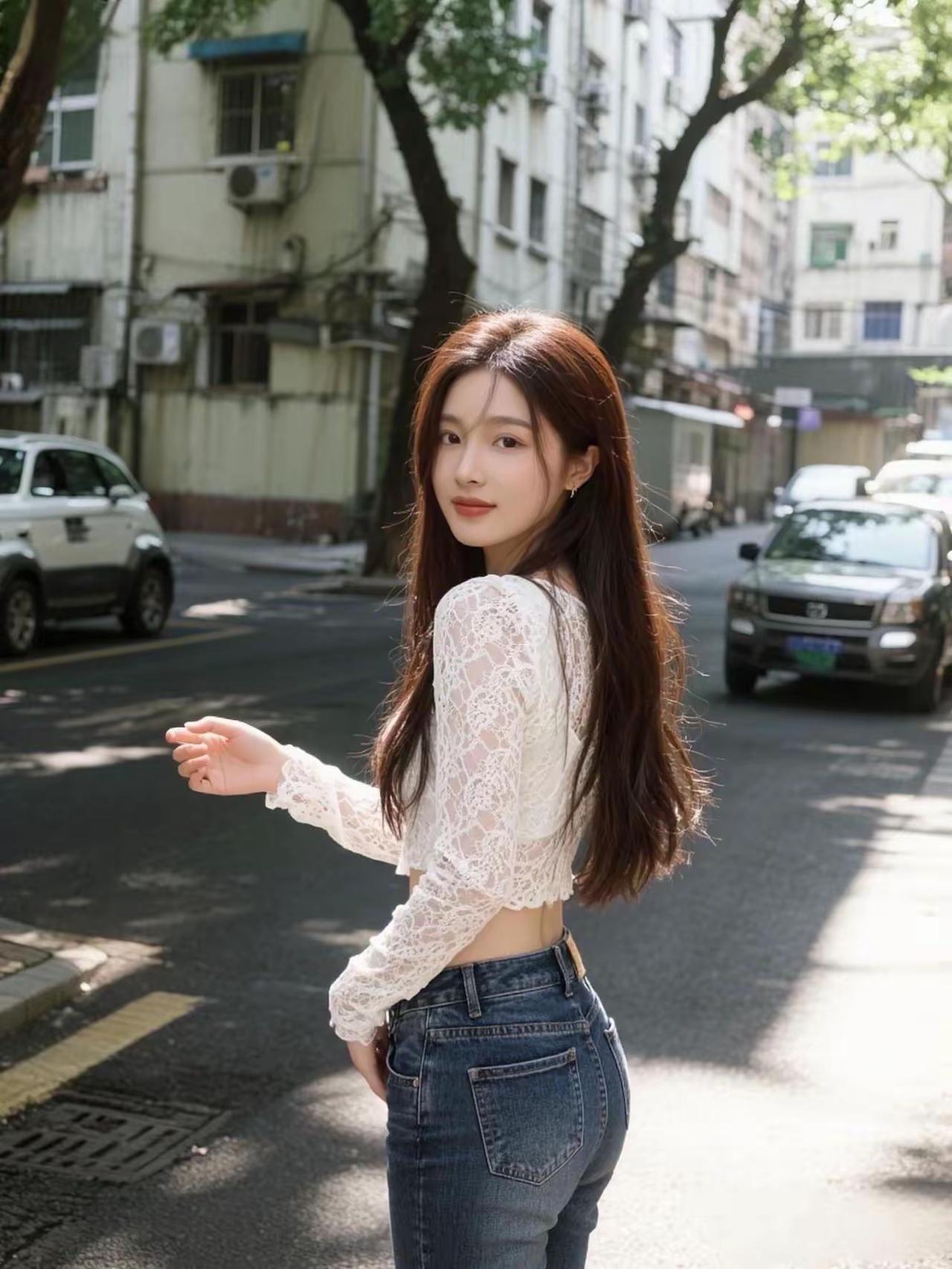 老巷的风裹着梧桐叶的香气，蕾丝衫配牛仔裤，是属于晴天的松弛感。转身的瞬间，阳光刚