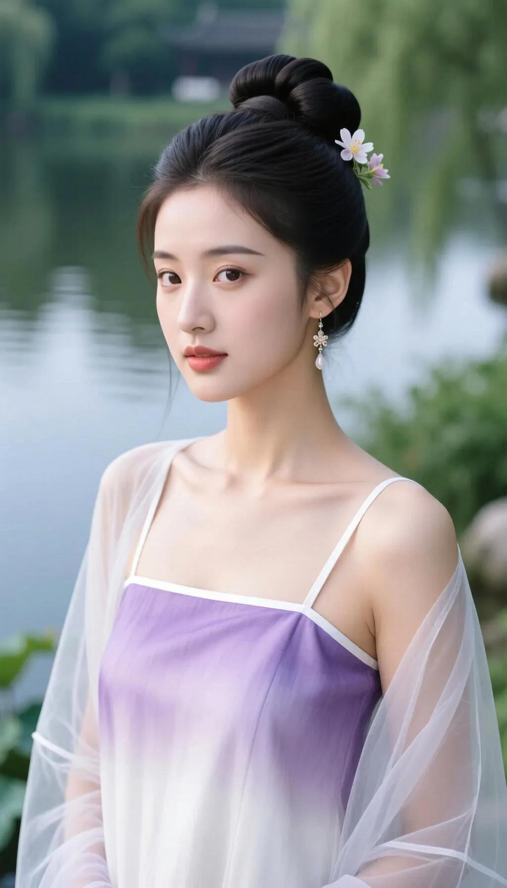 优雅古风少女，湖畔花簪，清新自然