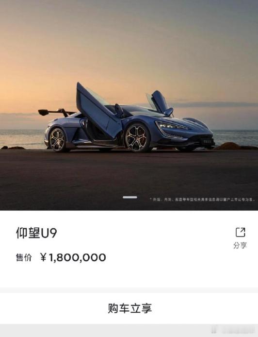 仰望U9上市时的售价为168万元。目前售价已上调至180万元，该价格已包含蓝宝石