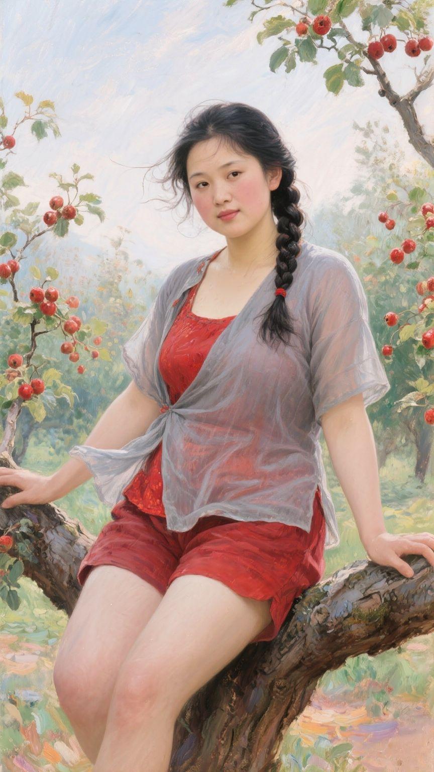 油画艺术 山楂树 欧根纱服饰