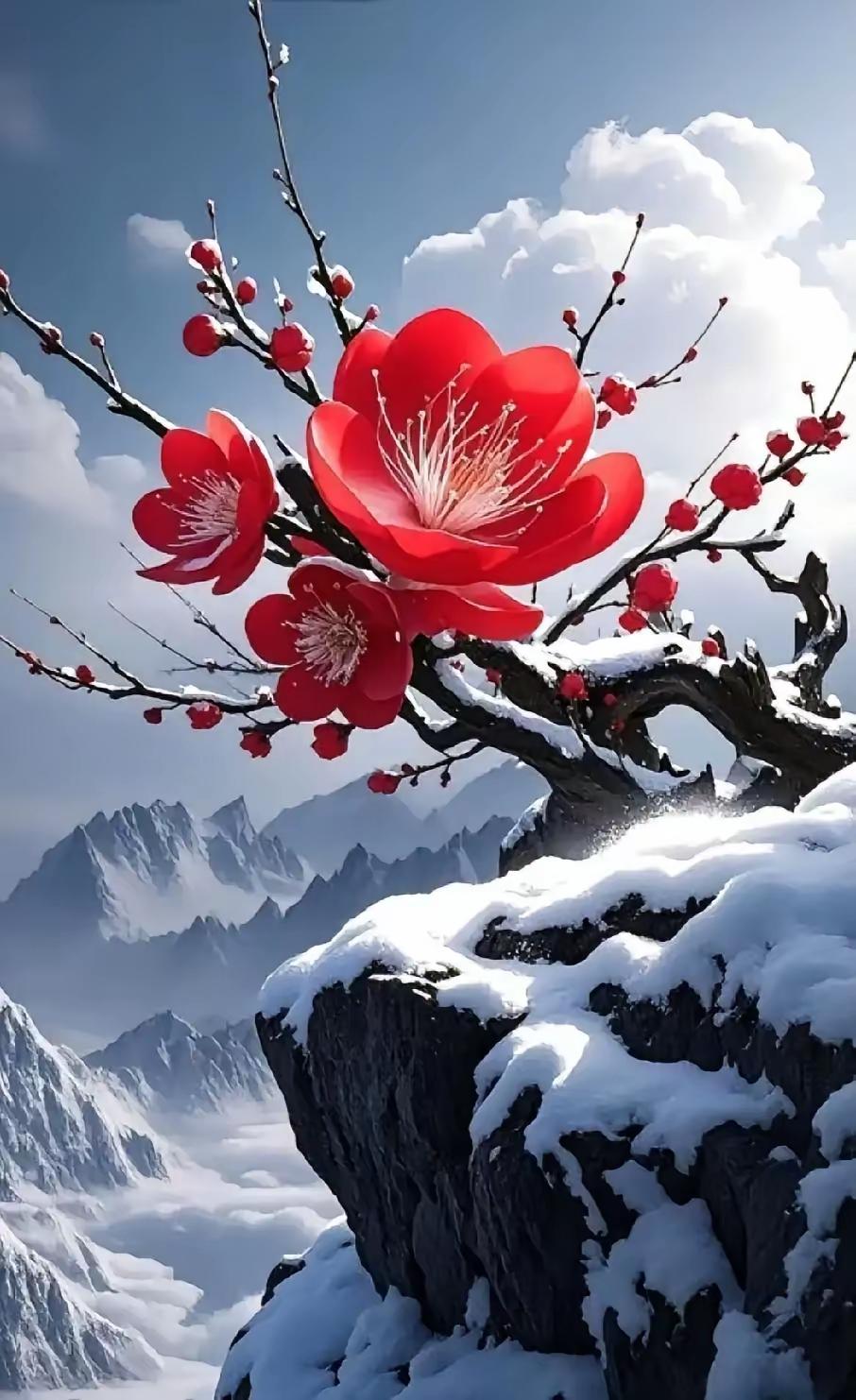 “红梅傲雪，春意盎然”🌸❄️🏔️