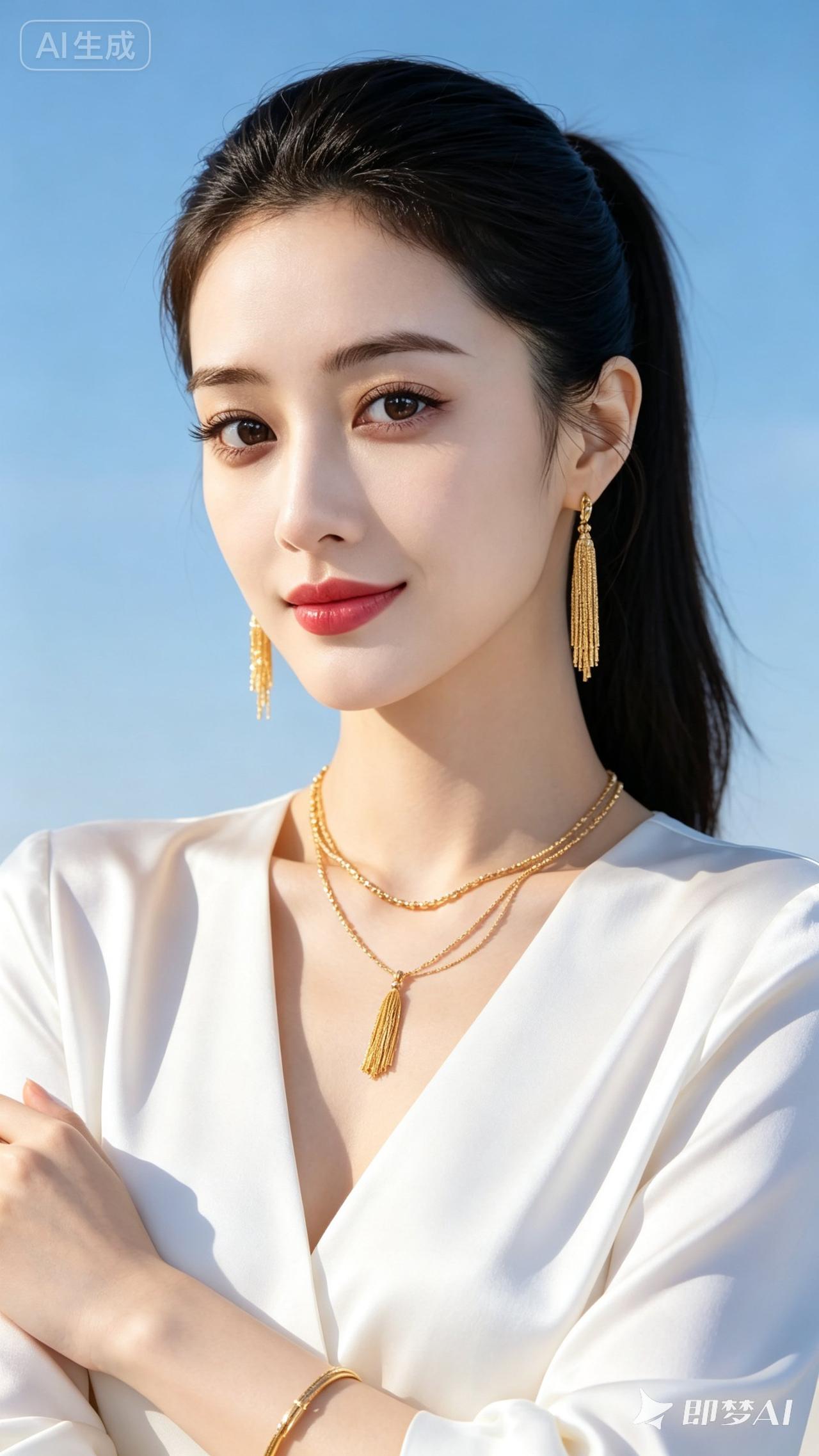 优雅白裙与金色首饰的完美搭配，尽显女性魅力！💎✨