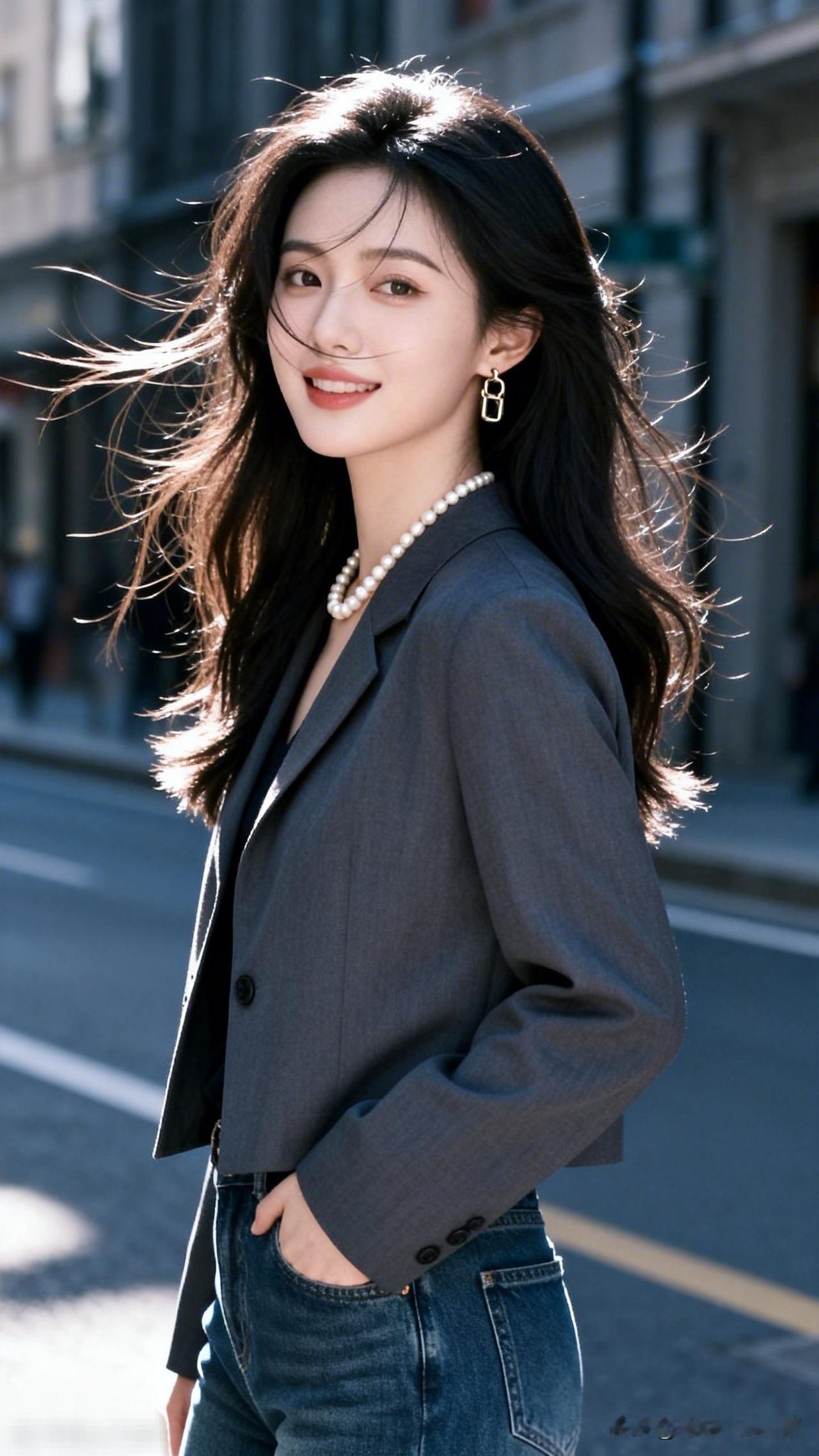 都市女孩的时尚穿搭，珍珠项链和灰色西装外套的搭配，尽显优雅与自信。
