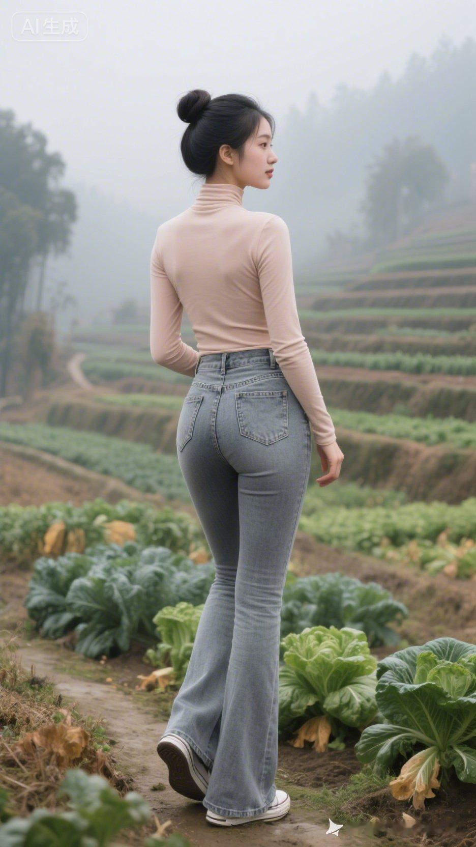 田园风穿搭，高领毛衣+牛仔裤，清新自然。