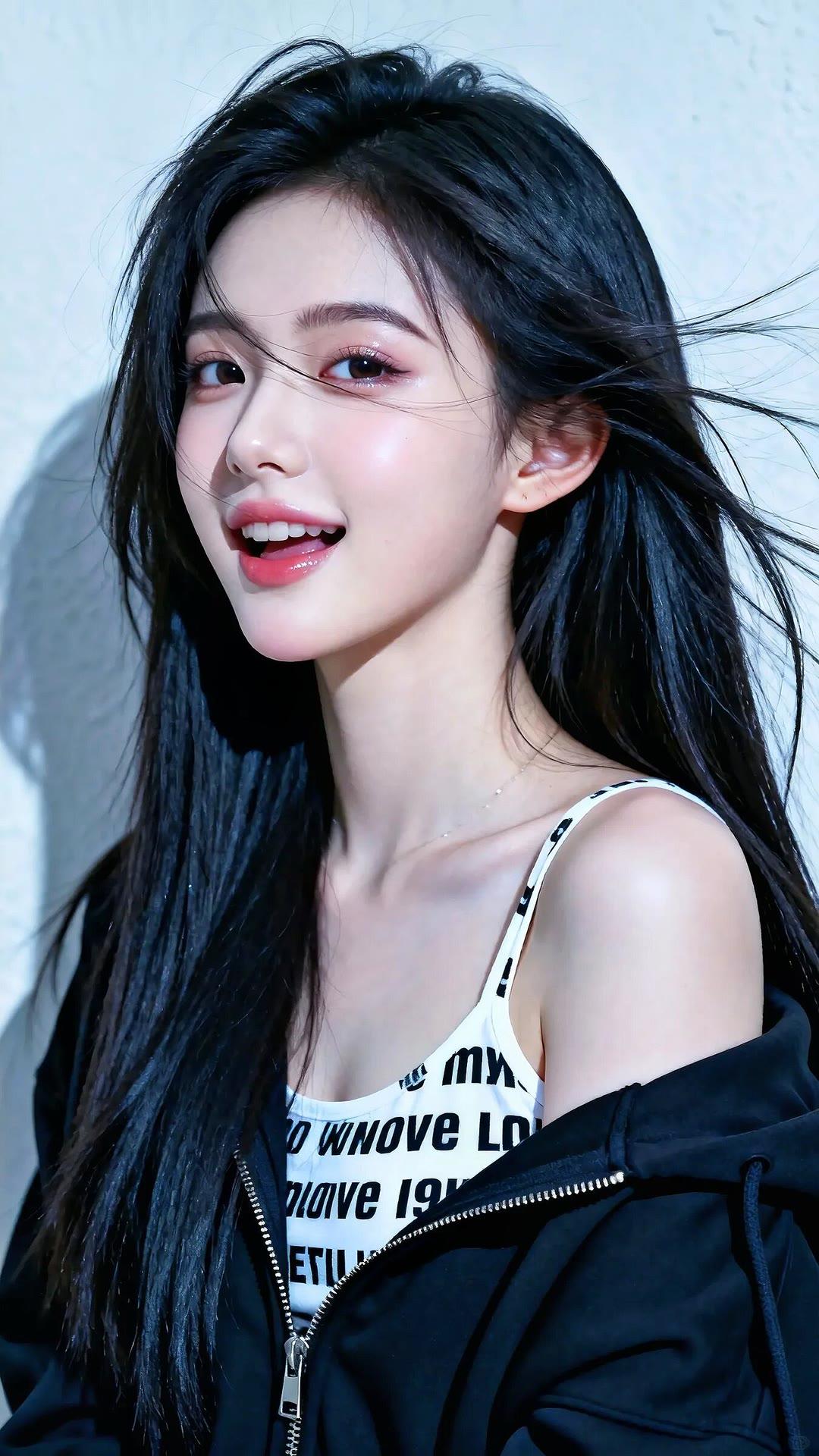 甜美少女风，黑发飘逸，笑容甜美，时尚穿搭