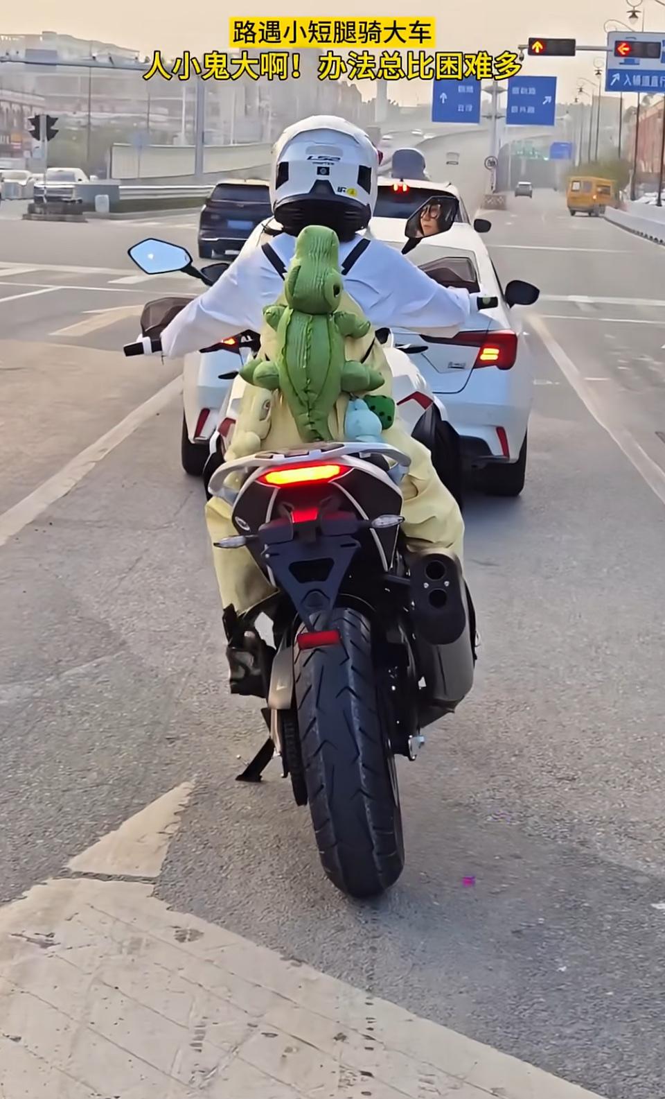 1.萌娃配机车，还有小恐龙当“副驾”，可爱值拉满～2.人类幼崽的机车初体