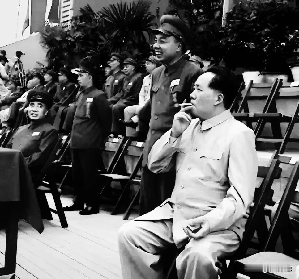 大家只注意到观看演习的毛主席，却没有注意到紧张的粟裕。毛主席坐在椅子上观看演习