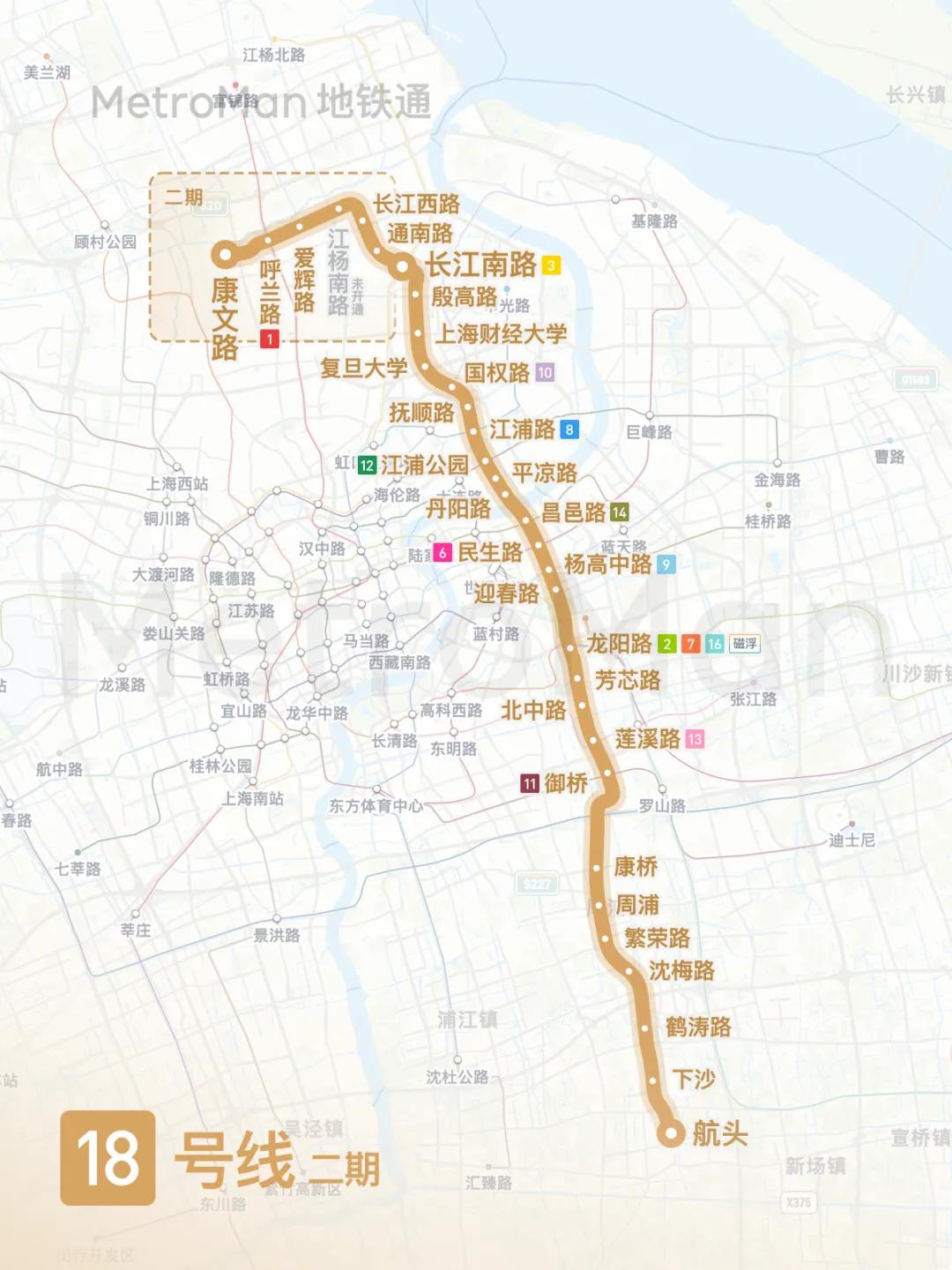上海地铁18号线二期全长约8.01公里，全线都是地下线路，规划一共6座车站。20