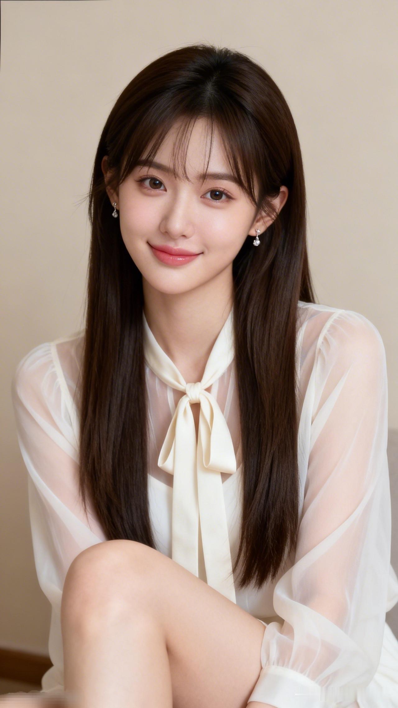 你喜欢哪一种气质的美人?温柔甜美的少女，白色蝴蝶结衬衫，微笑动人