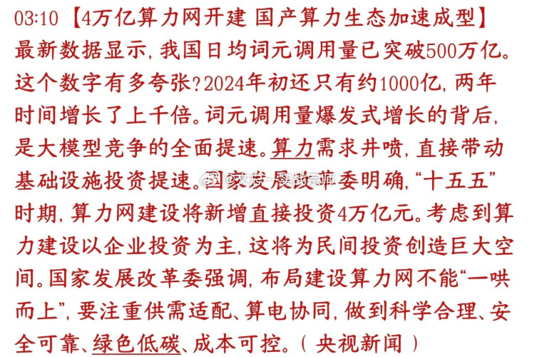 算力早上就来大利好，官媒进行背书国内AI大模型使用量爆炸：AI处理的词元日均调用量突破500万亿，2