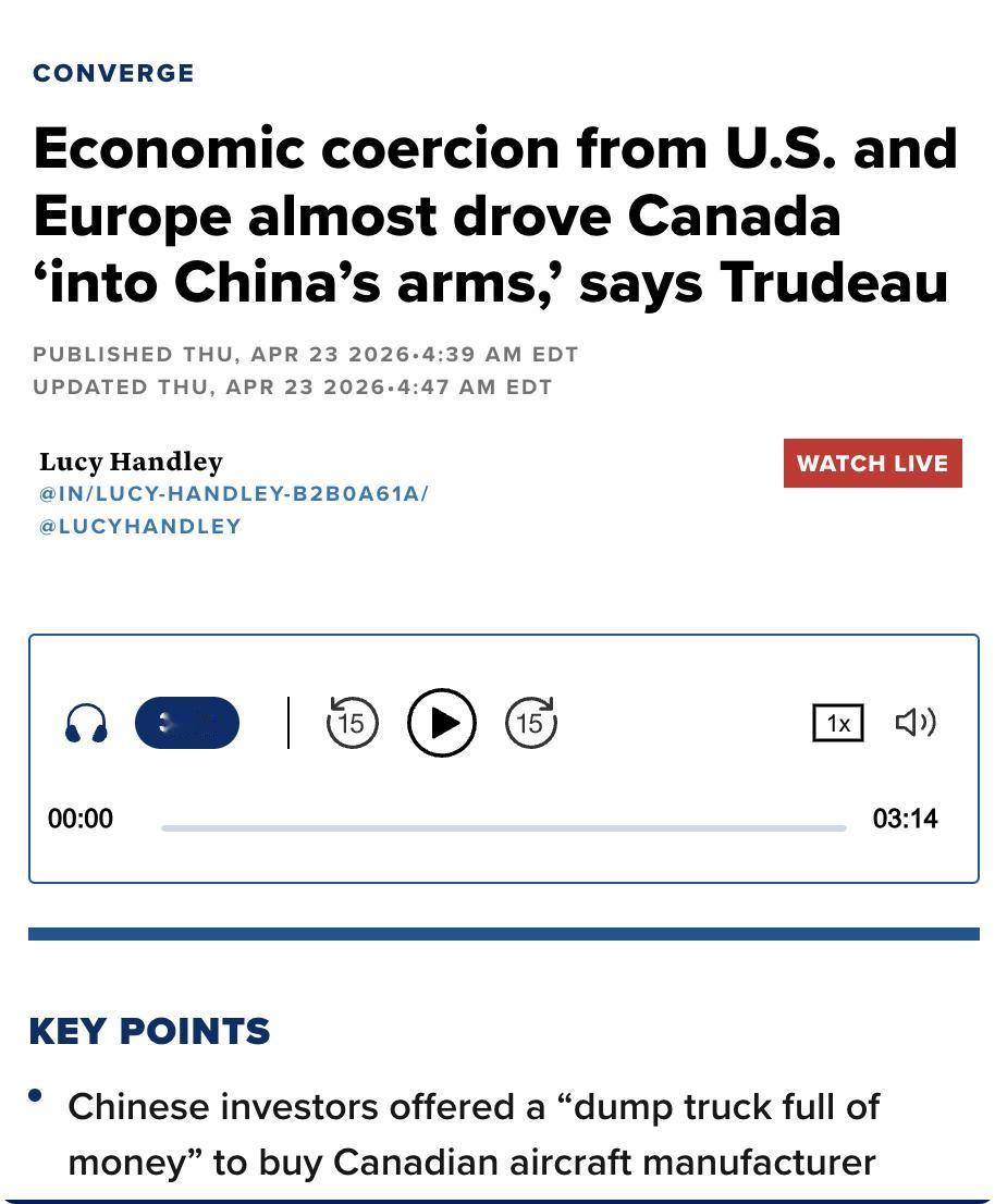 美媒：加拿大前总理特鲁多在新加坡CNBCCONVERGELIVE上表示，美国