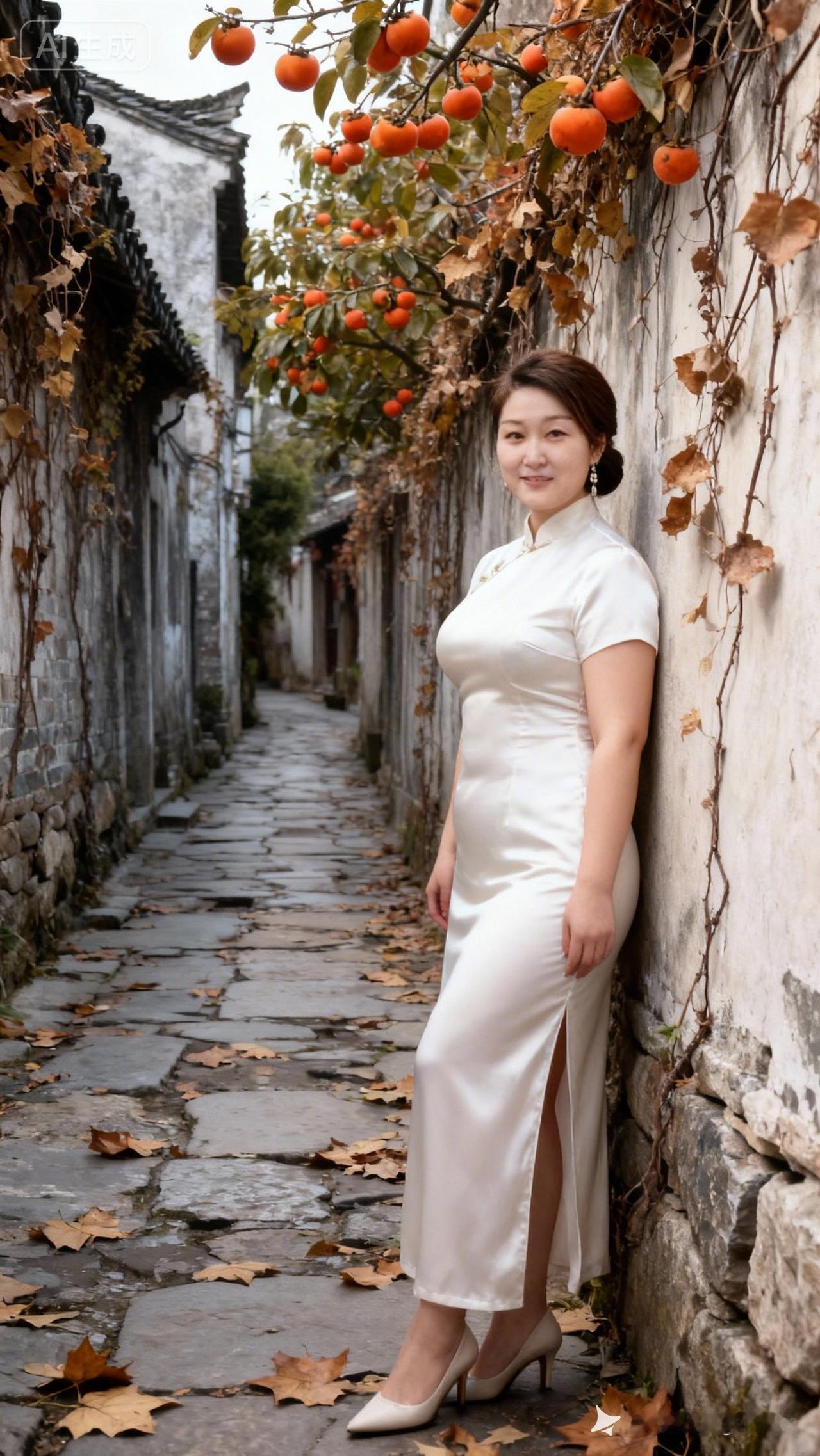 白衣美人倚古巷，秋意浓时韵味长。