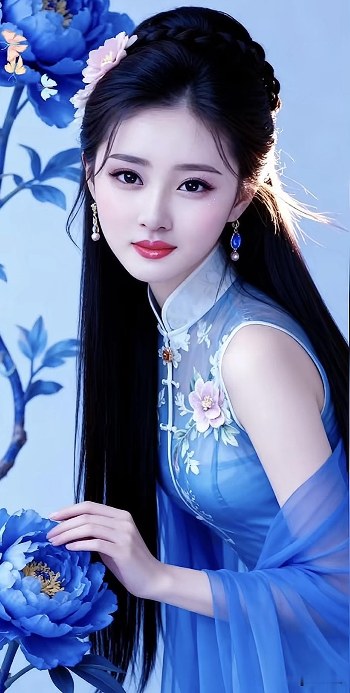 蓝衣美人倚花立，风姿绰约似画中。淡雅蓝裙照紫裙倚坐绿裙美人紫裙倚坐绿裙美