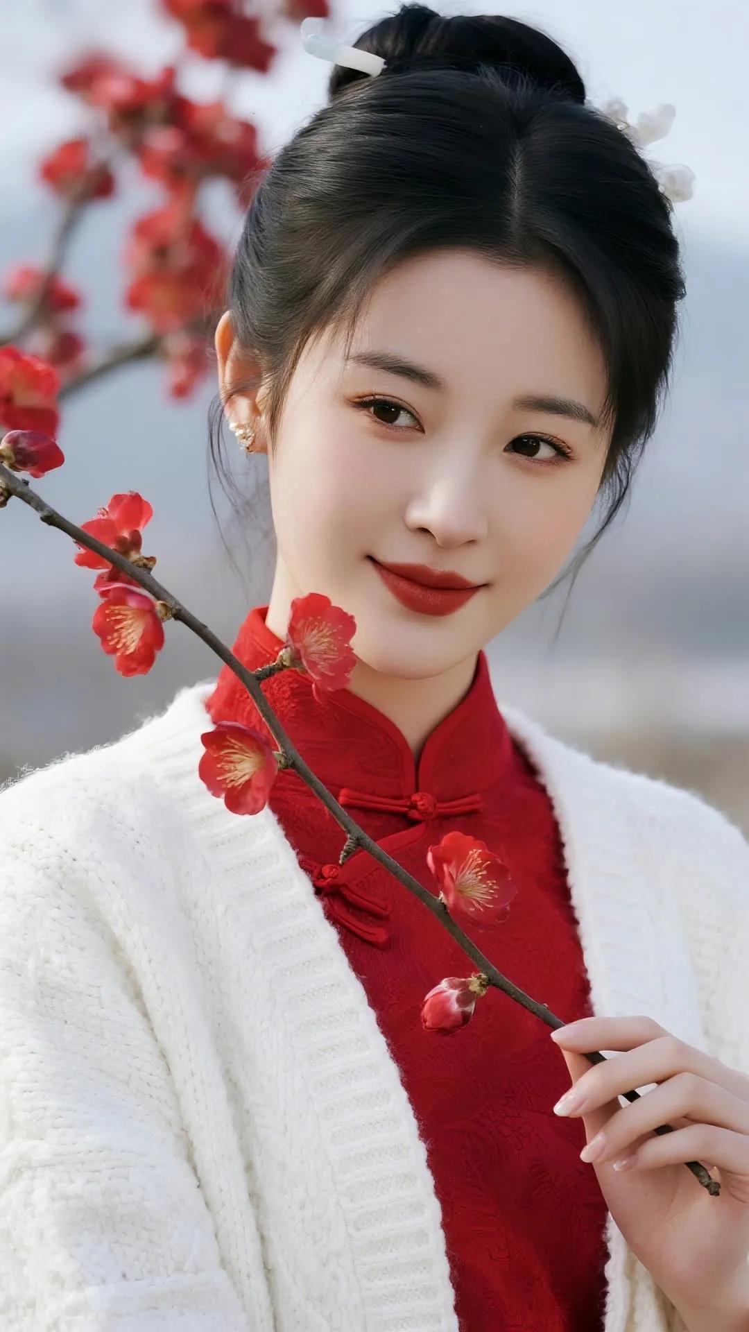 红衣少女与花枝相伴，春意盎然