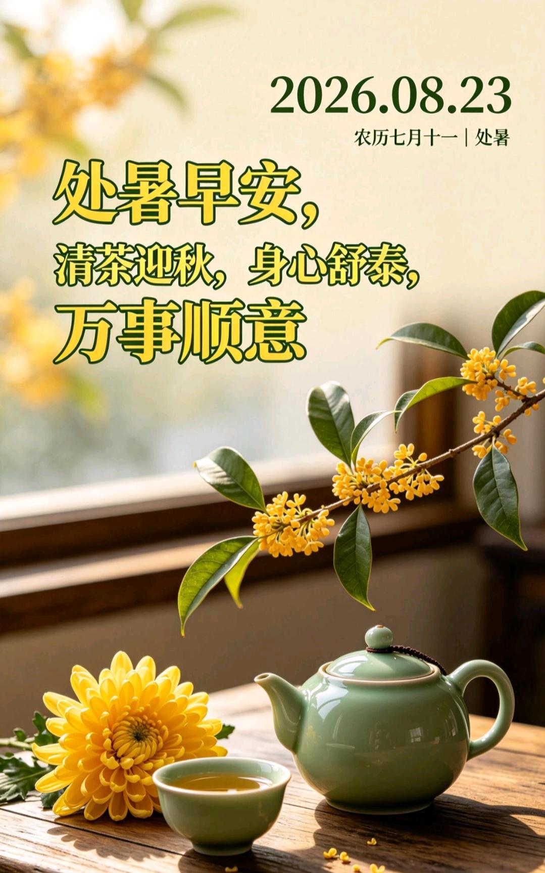 未觉夏已尽，时至已新秋。又是一年处暑至，愿你在新的季节里，烦恼随夏风散去，好运随