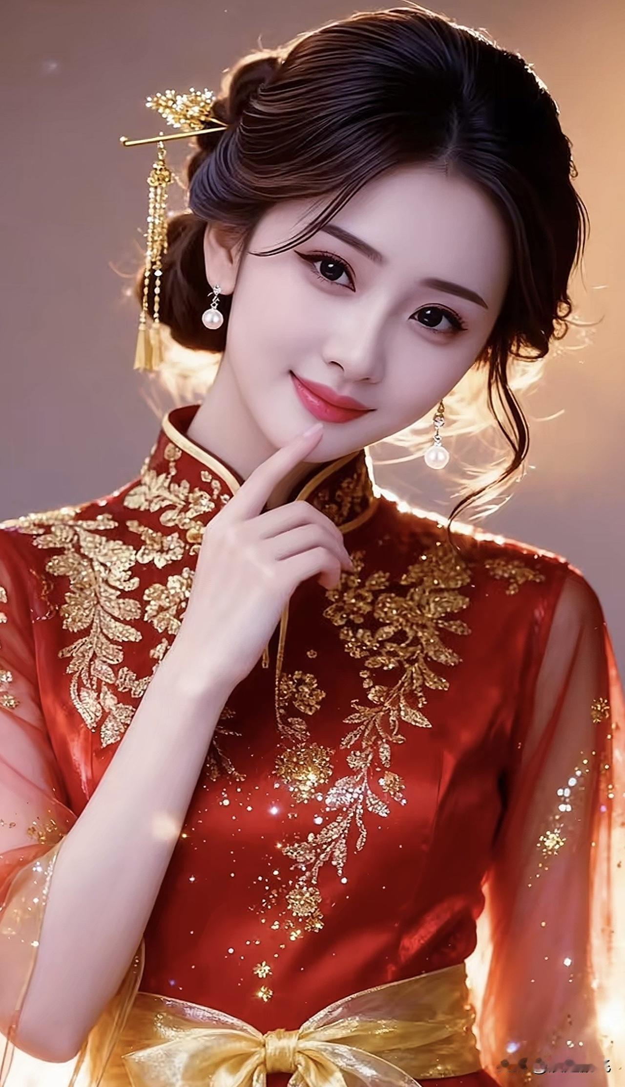 古风美人，红衣金饰，典雅端庄，韵味十足！凤冠红裙红妆鎏金氛围感金冠红妆金饰