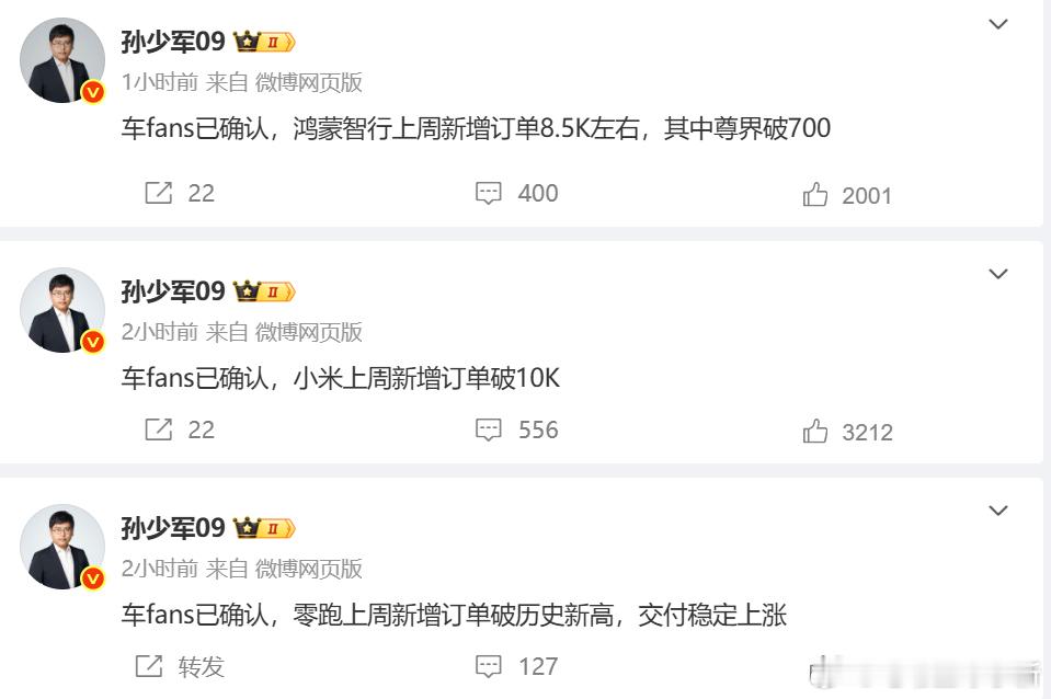 分享上周新增订单数据：-小米10K-鸿蒙智行8.5K-零跑订单破历史新