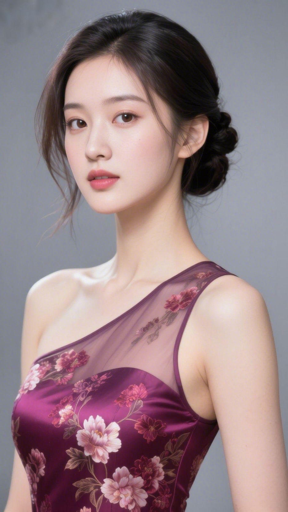 绛紫藏温柔一袭绛紫裙装，将东方韵致揉进方寸之间。丝缎上的繁花暗纹，似撷取了