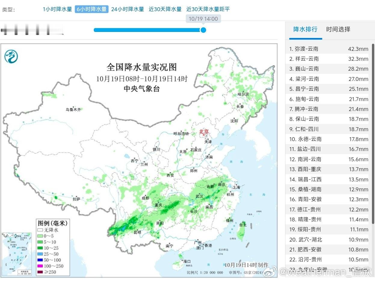 【降水和干燥】今天08-14时，降水主要还是在云南到长江中下游等地。云南站点包揽