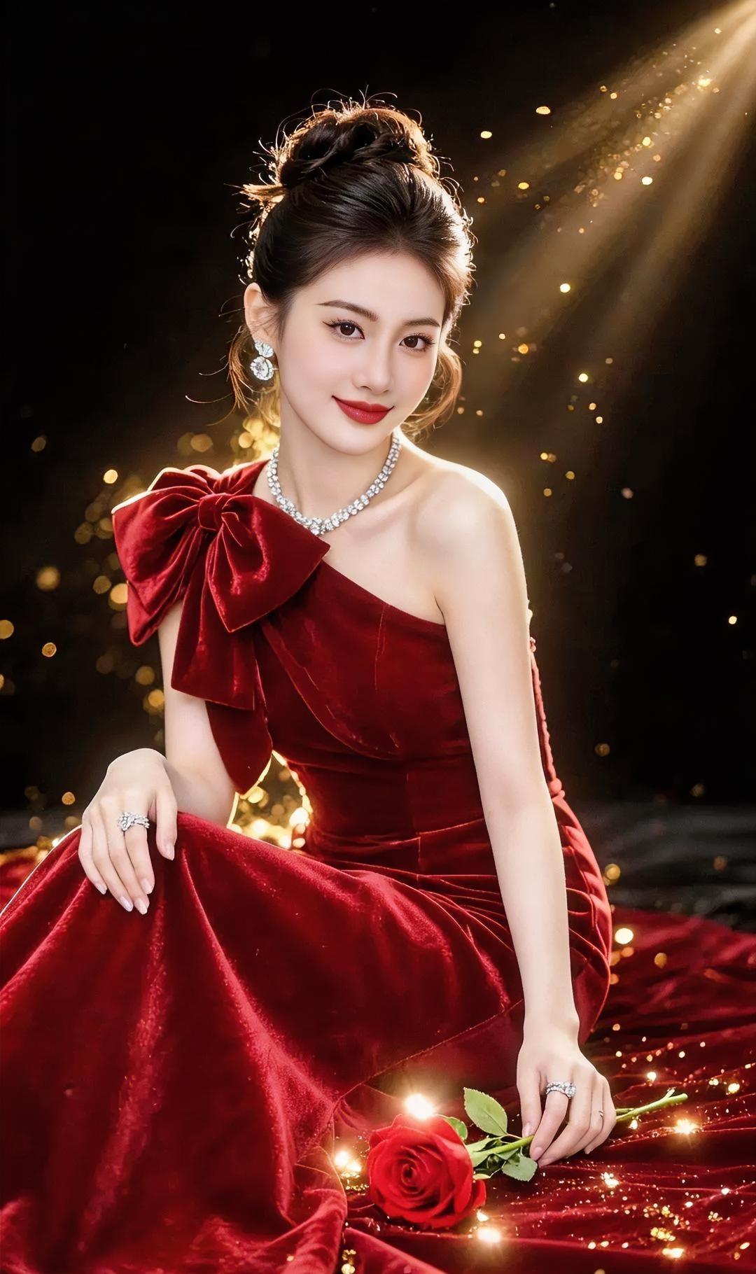 丝绒星光暗夜流光，轻洒金色尘屑，你端坐，红裙如玫瑰盛放。巨蝶结轻挽，