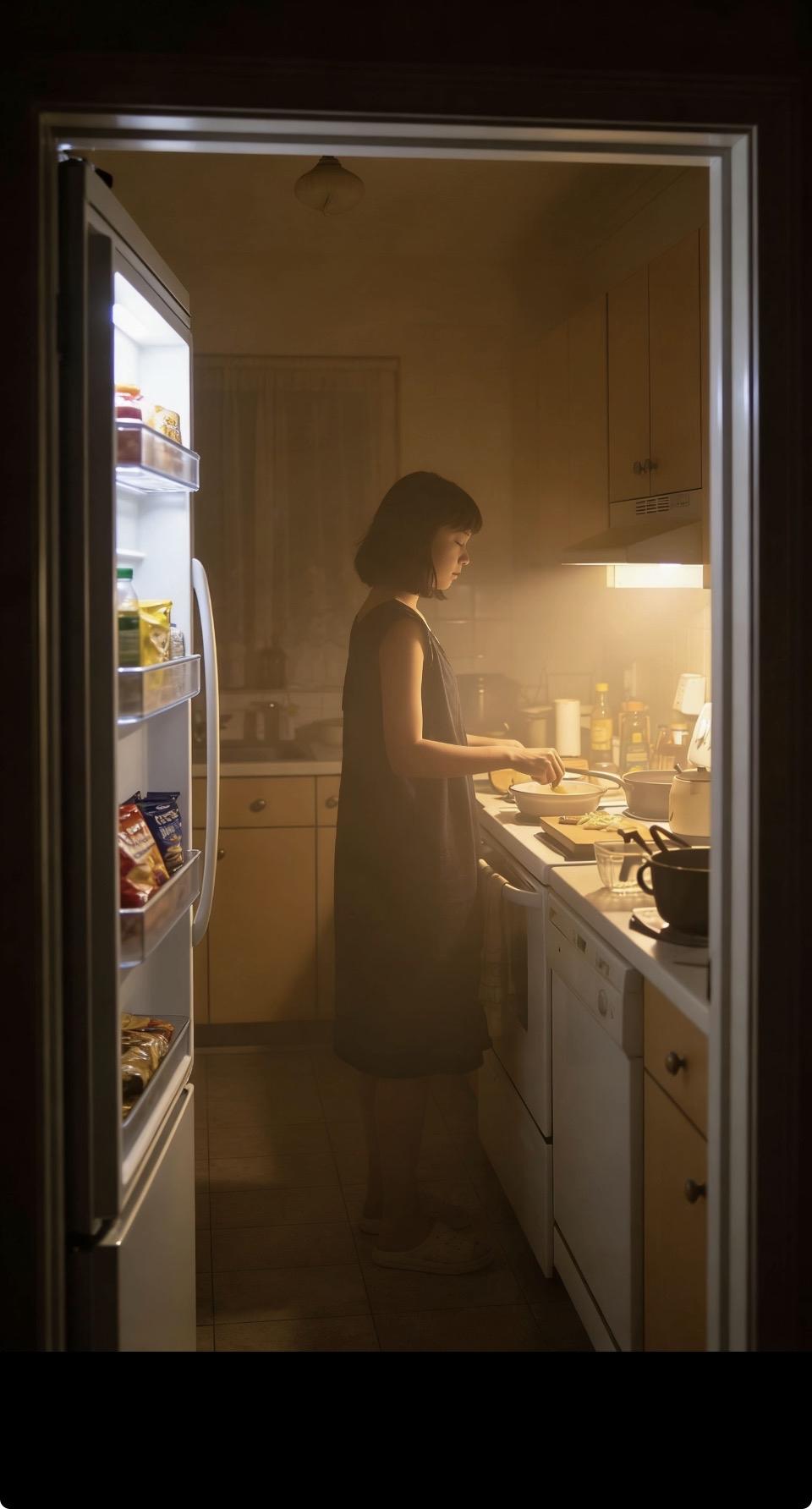夜晚的厨房，暖黄灯光下，独自一人忙碌着。