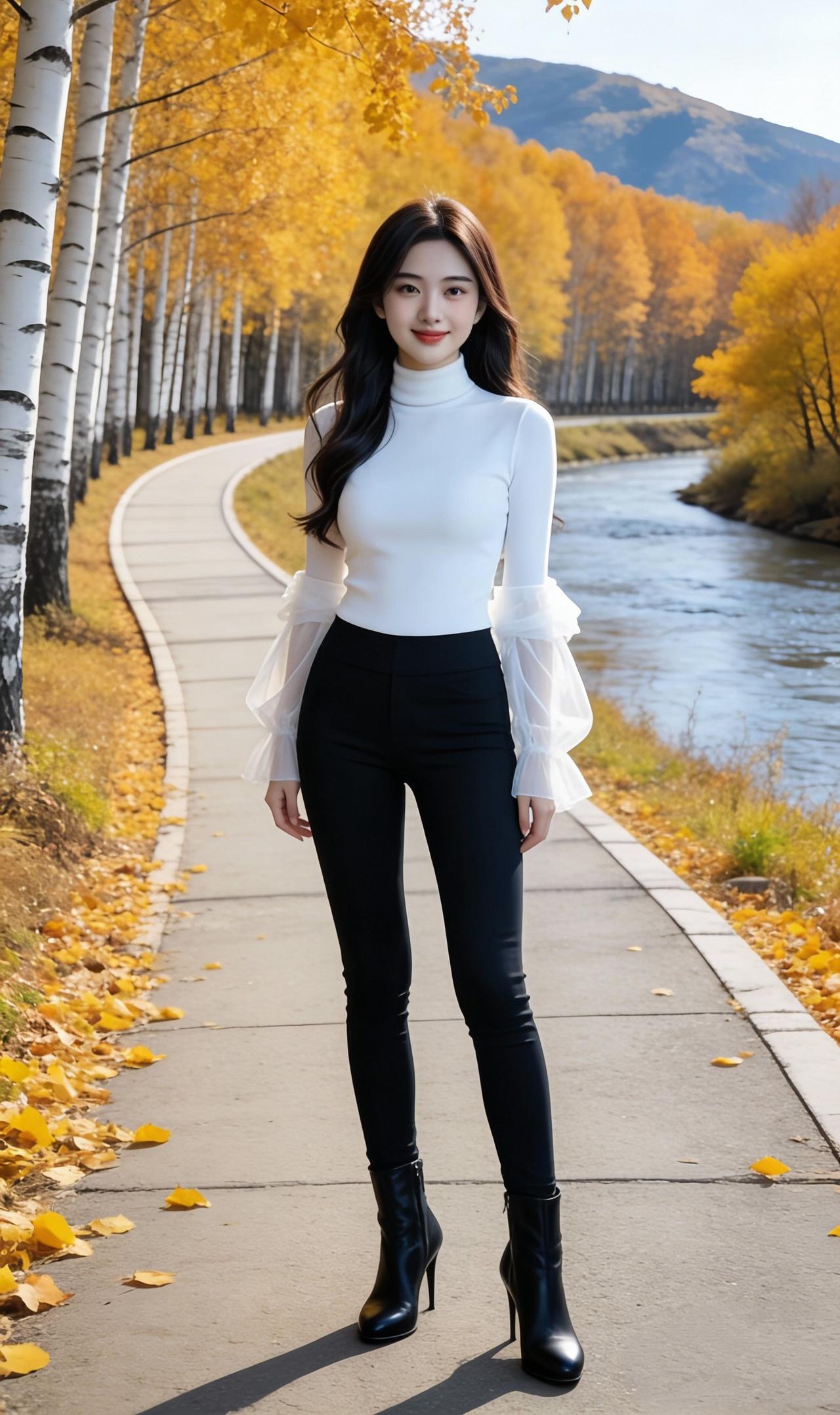 《秋径佳人》白桦凝霜映浅流，金风漫卷叶盈眸。素衣裁得秋光净，一笑嫣然落木