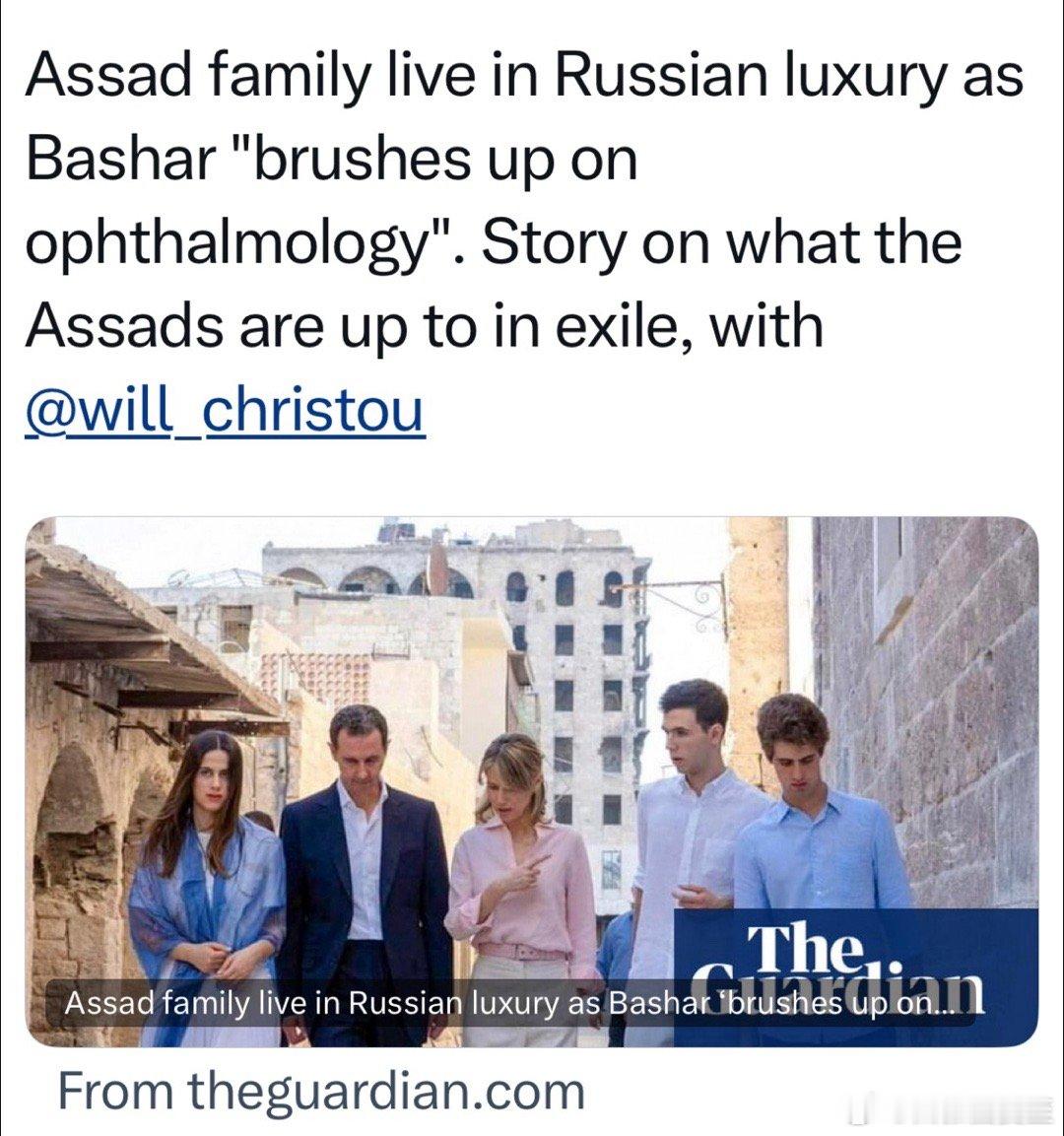 Assad近况：住莫斯科富人区，去健身房锻炼、游泳，学俄语、复习眼科知识，想重
